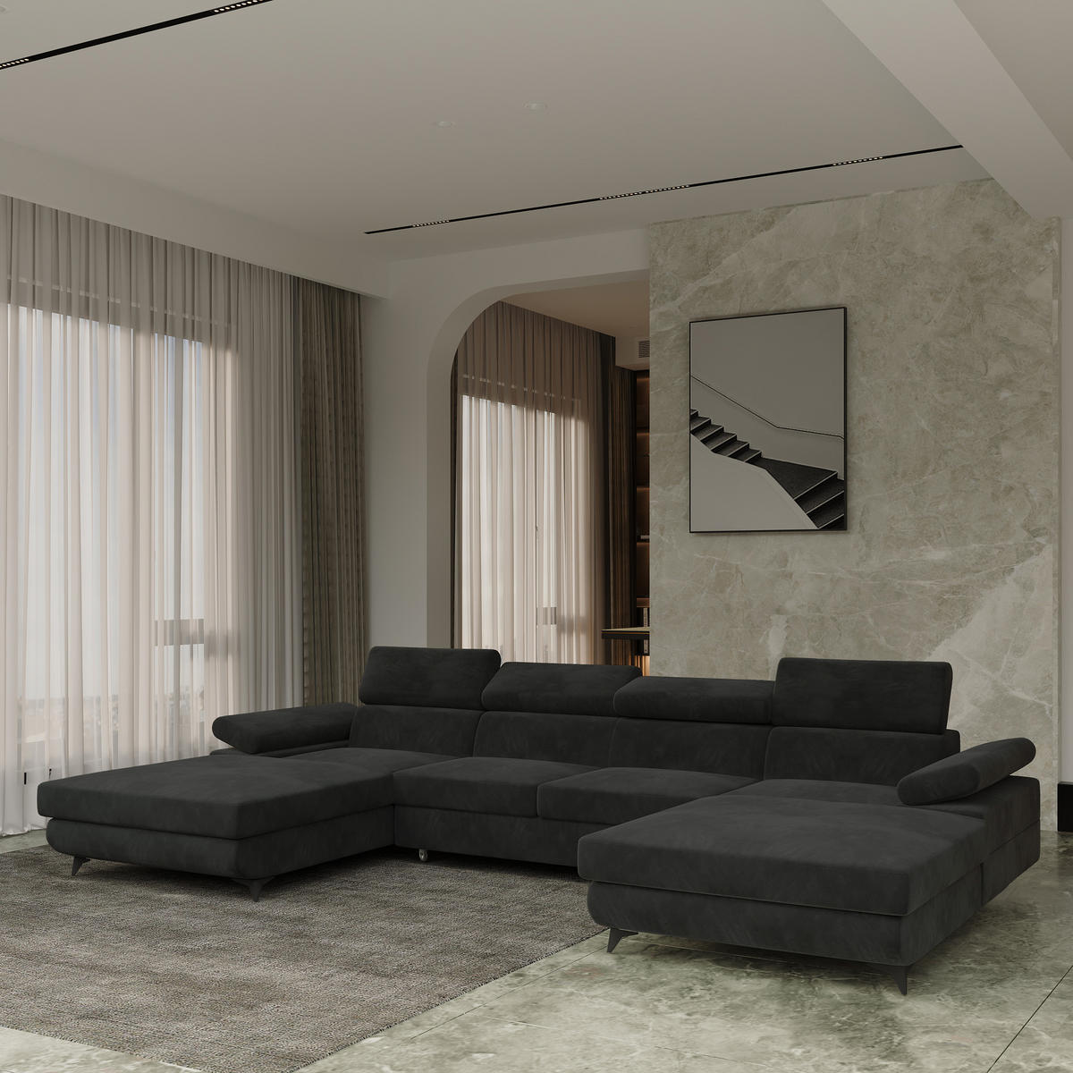 WOHNLANDSCHAFT DETTI Schwarz Velours-Stoff mit Schlaffunktion - Schwarz, Holz (339/89/190cm) - MASSENO