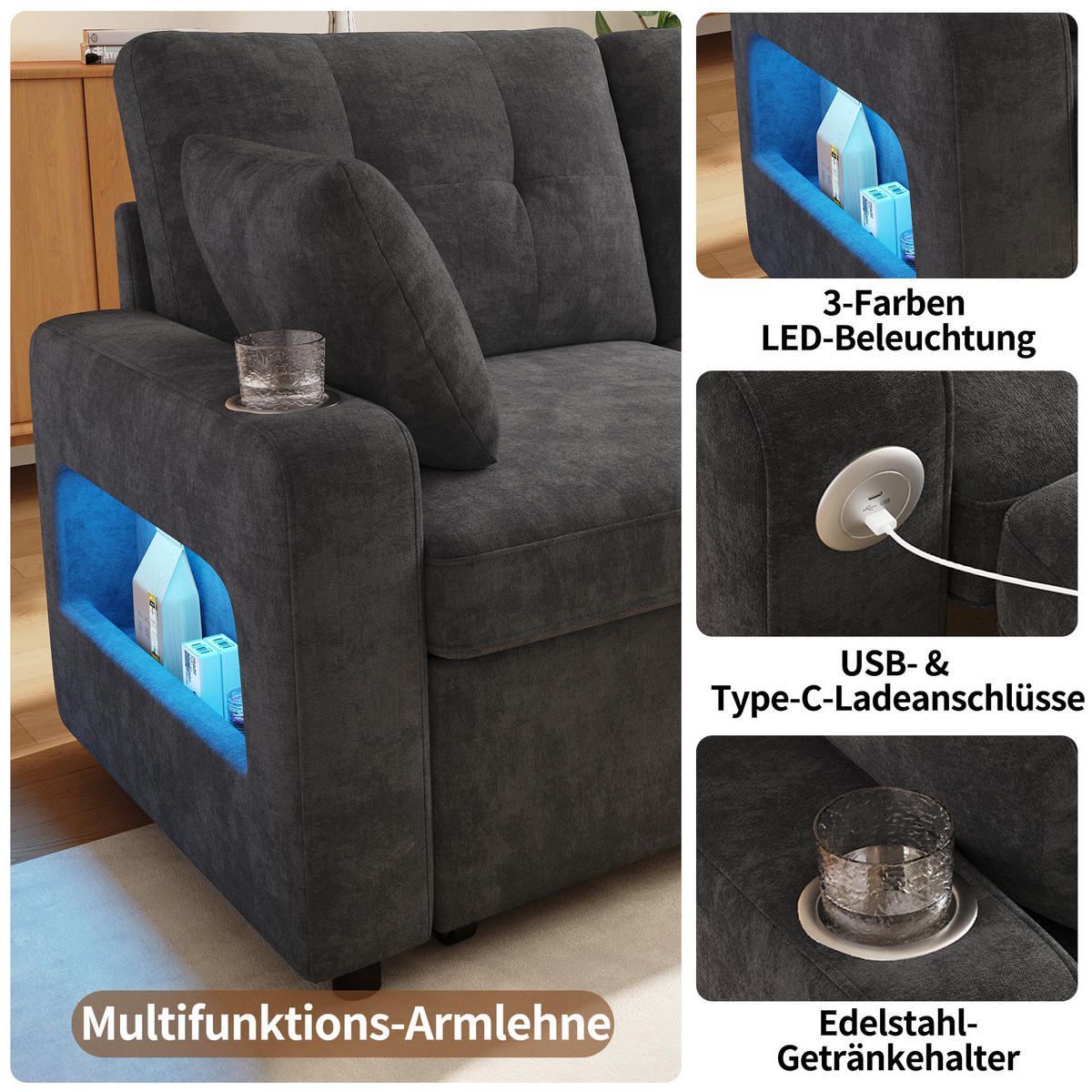 SOFA NA RAZVLAČENJE 2-sjedalo u sivoj boji s funkcijom razvlačenja, chenille - siva/crna, drvni materijal/tekstil (141.5/83.5/131cm) - CHICFURN