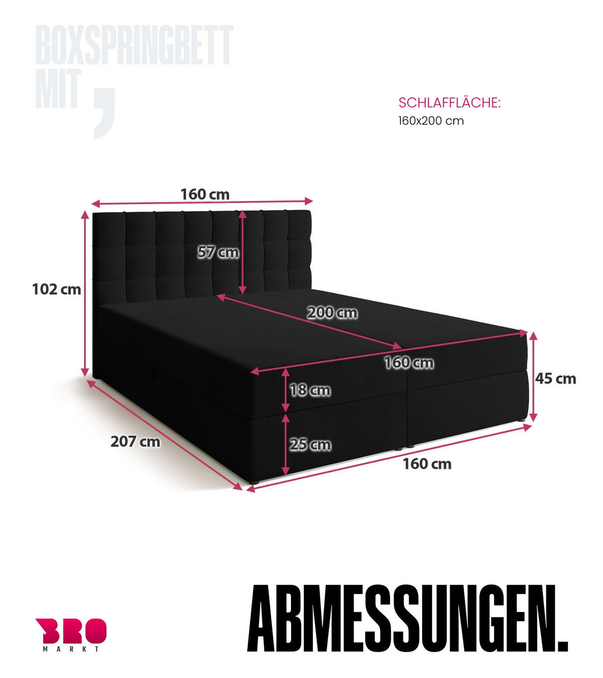 BOXBETT Detroit mit Topper 160/200 Schwarz - Schwarz, Holzwerkstoff/Textil (160/200cm) - Bromarkt
