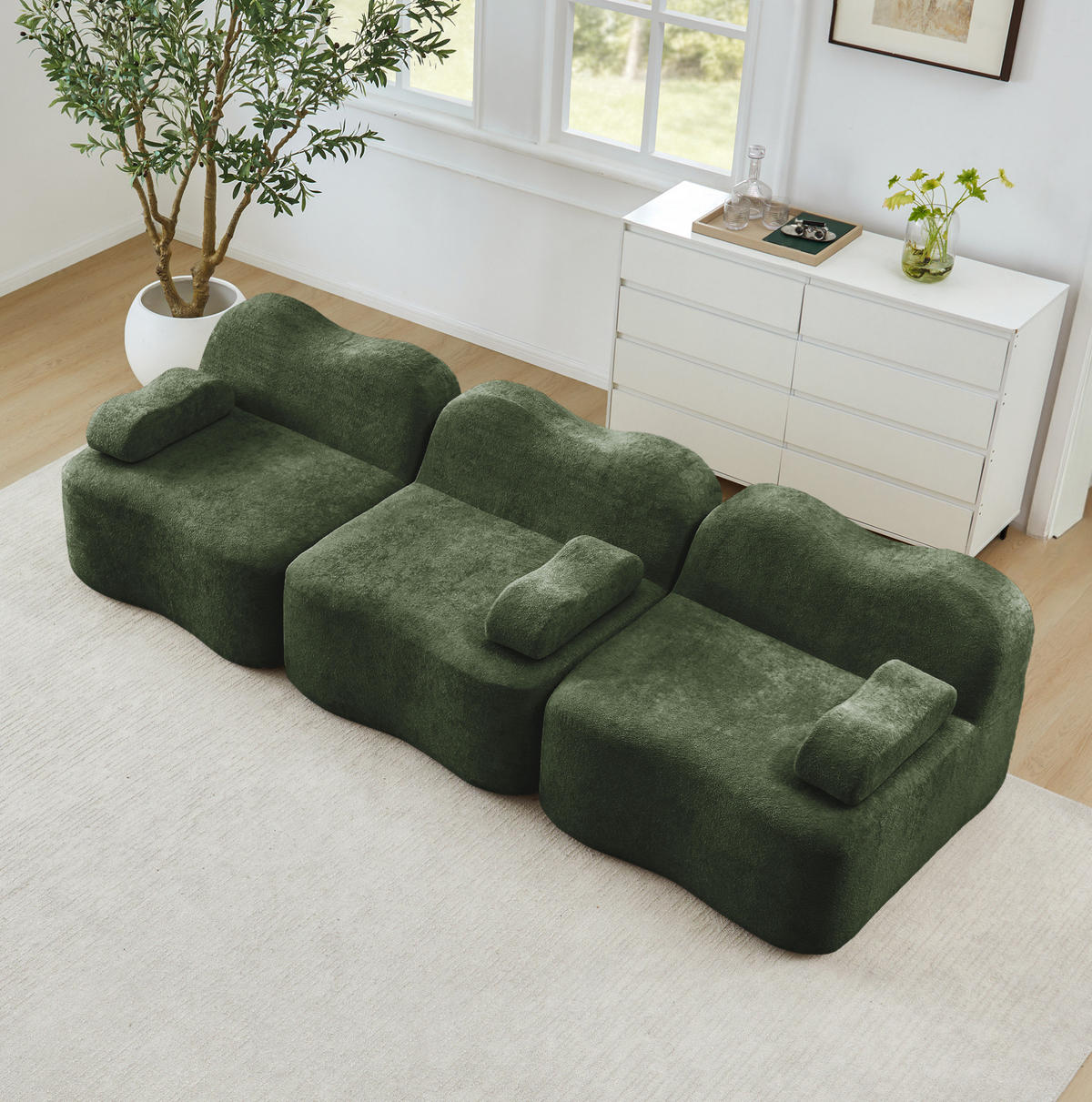 3-SITZER-SOFA aus Samt Grün mit tiefer Sitzfläche, Wellenform und flexiblem Hocker - Grün, Textil (288/70/98cm) - Modfu