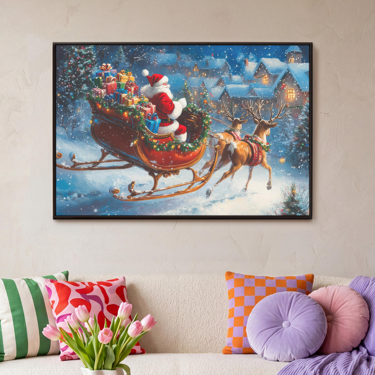 LEINWAND Bilder mit Rahmen - Weihnachtsmann - Rentier - Weihnachten - Schnee - 90x60 - Cognac, Textil (90/60cm) - MuchoWow