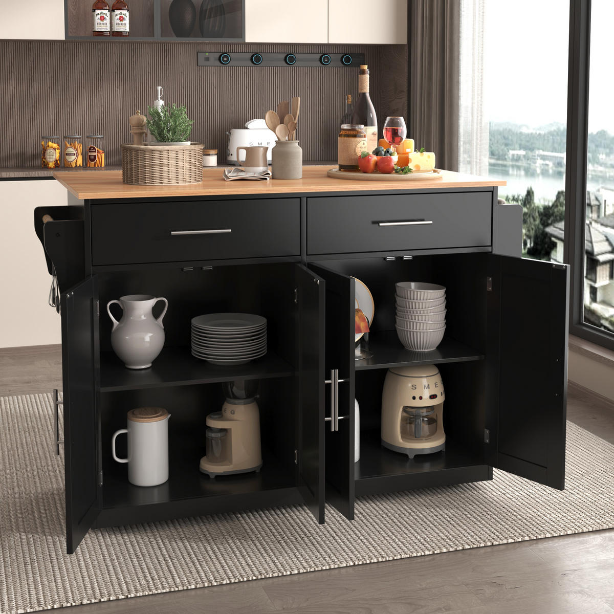 KÜCHENINSEL 120x70x91.5cm Schwarz mit Falttisch,Doppeltüren & Rollen/Füßen - Schwarz, Holzwerkstoff (120/91.5/71cm) - Modfu