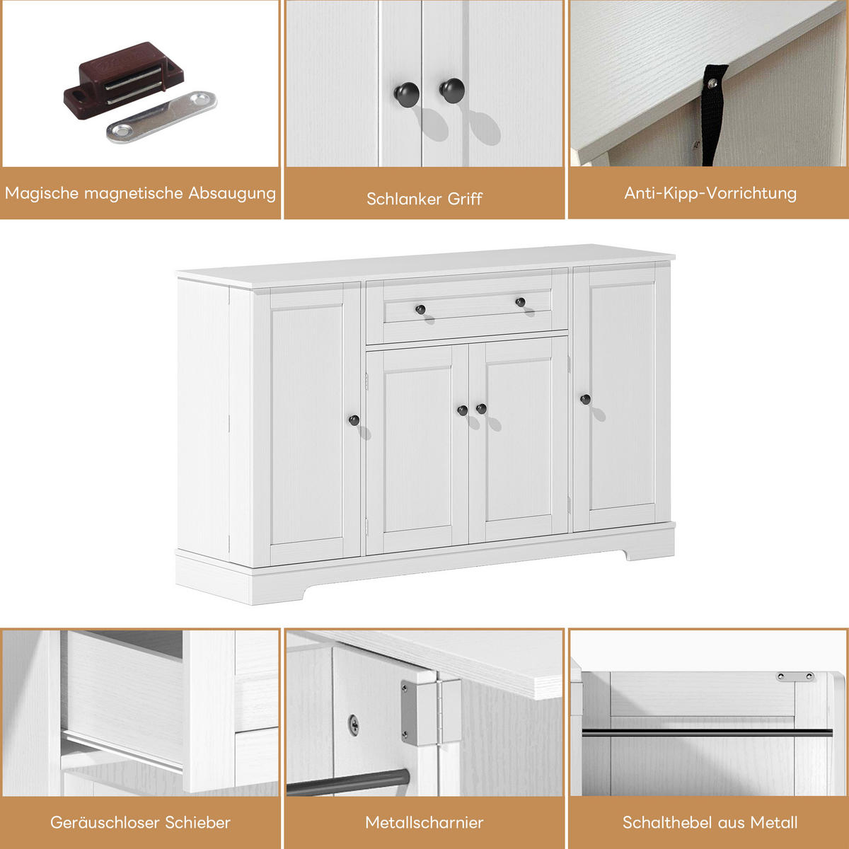 SIDEBOARD in Weiß Küchenbuffet mit Regaltüren und Schublade für Küche und Wohnzimmer, B138/T40/H85 cm - Weiß, Holzwerkstoff (138/85/40cm) - STILVORA