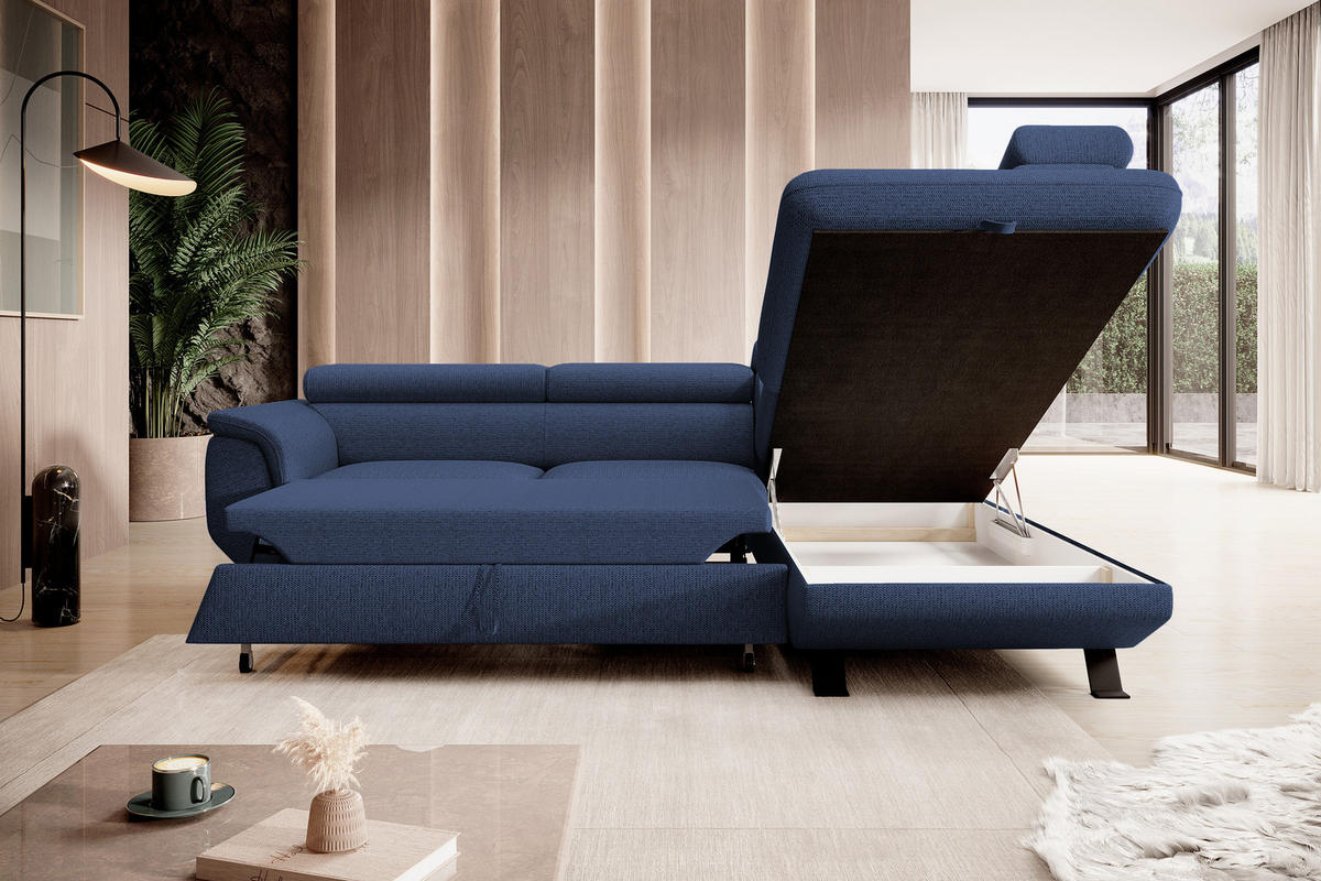 ECKSOFA Raven L mit Schlaffunktion und Bettkasten, Freistehend, Polstersofa mit Verstellbaren Kopfstützen, 257x198x96 cm – Rechte, Blau - Blau, Holz/Textil (256/198cm) - DomoHome