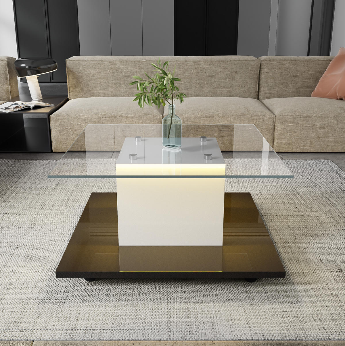 KLUBSKA miza, 80/80/40 cm, iverna plošča v črno-beli barvi, z LED osvetlitvijo in kolesci - bela, leseni material (80/80/40cm) - BEAOK