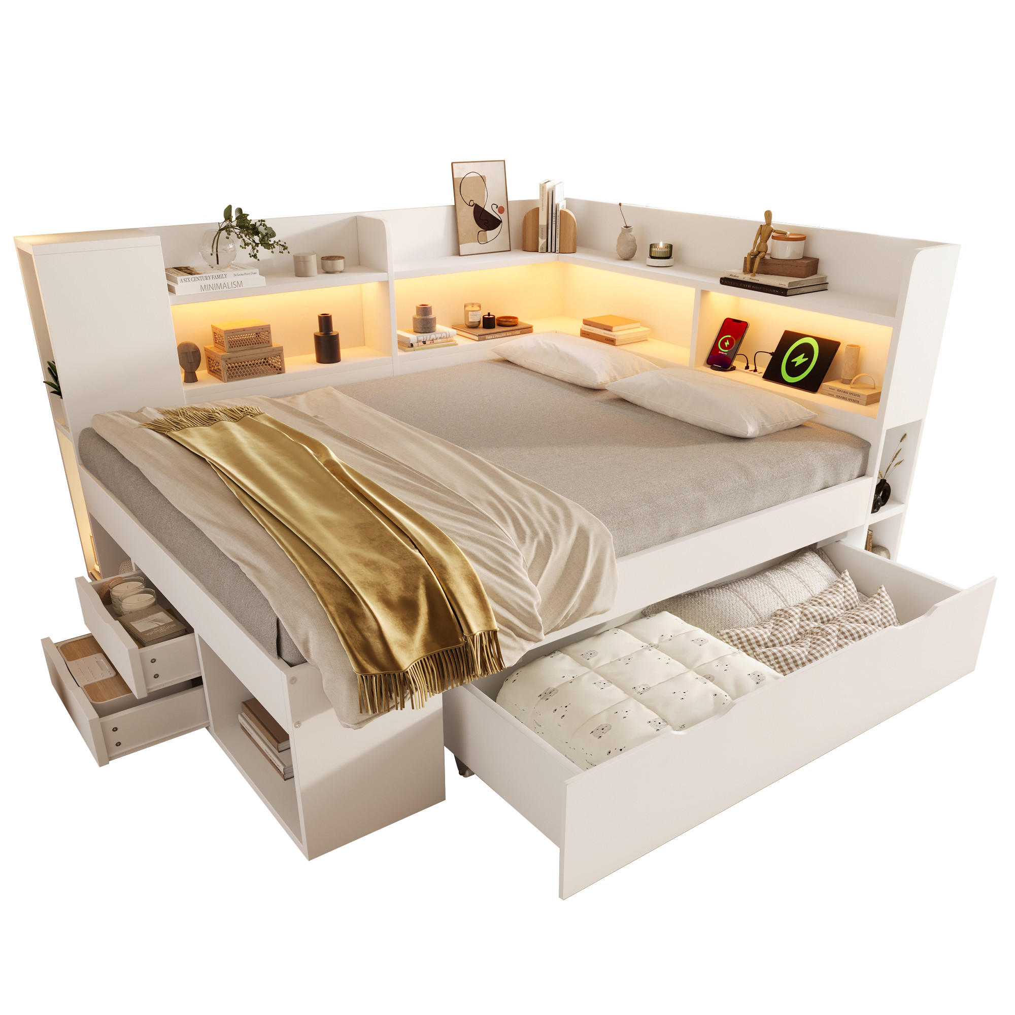 POLSTERBETT 140x200 cm in Weiß mit LED-Beleuchtung & USB-C - Weiß, Holzwerkstoff (140/200cm) - Modfu