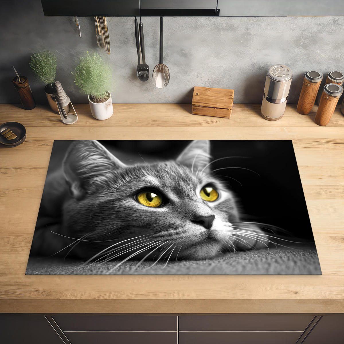 HERABDECKPLATTE - Katze - Grau - Tiere - Katze - 83x52 - Grau, Kunststoff (83/52/0.2cm) - MuchoWow