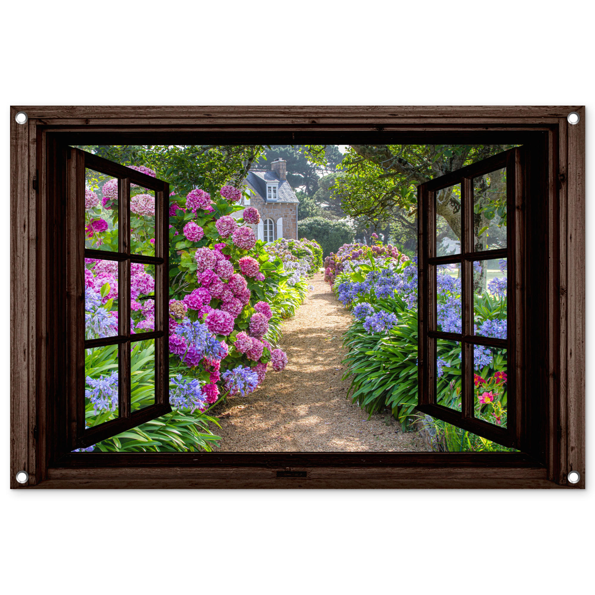 OnlyWow ZAHRADNÍ PLAKÁT Hortenzie - Průhledné - Květiny - Fialové - Příroda - Tmavě hnědé okno 90x60 cm