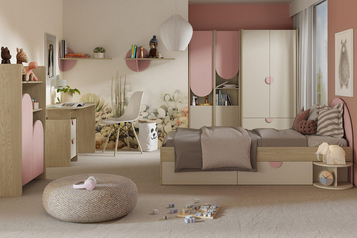 KINDERKLEIDERSCHRNAK LEXO 01 123/198/60 cm in Eiche Cremona/Macadamia/Puderrosa - Eichefarben/Beige, Holzwerkstoff (123/198/60cm) - Deine Möbel 24