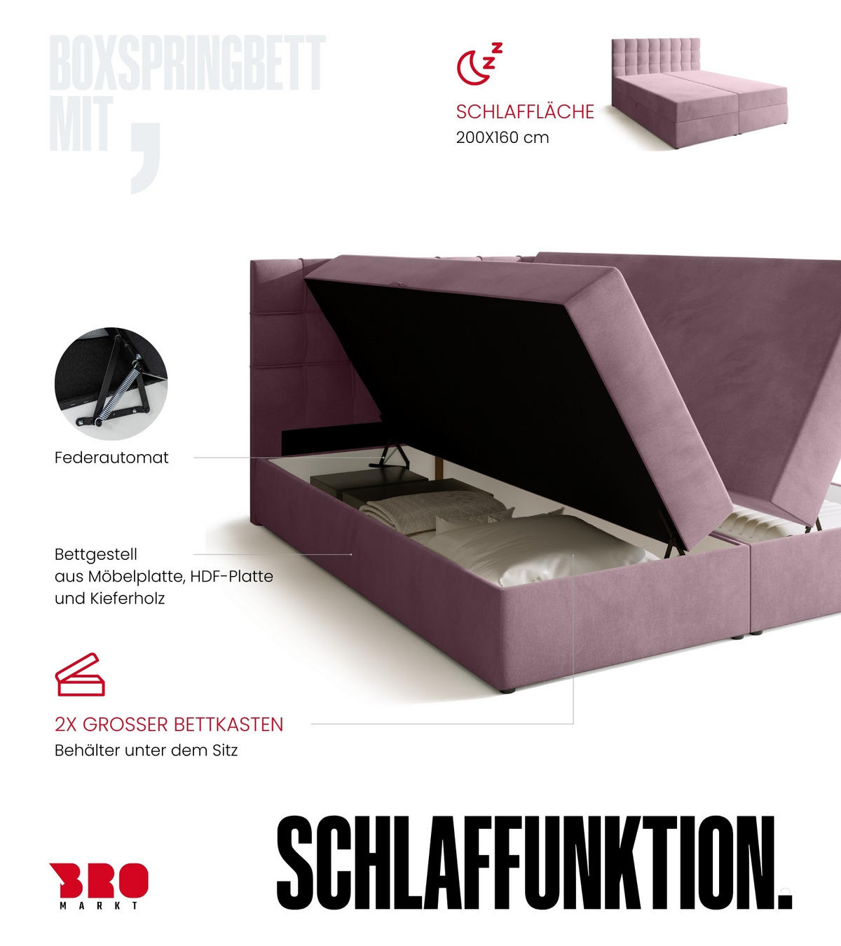 BOXBETT Detroit mit Topper 160/200 Rosa - Rosa, Holzwerkstoff/Textil (160/200cm) - Bromarkt