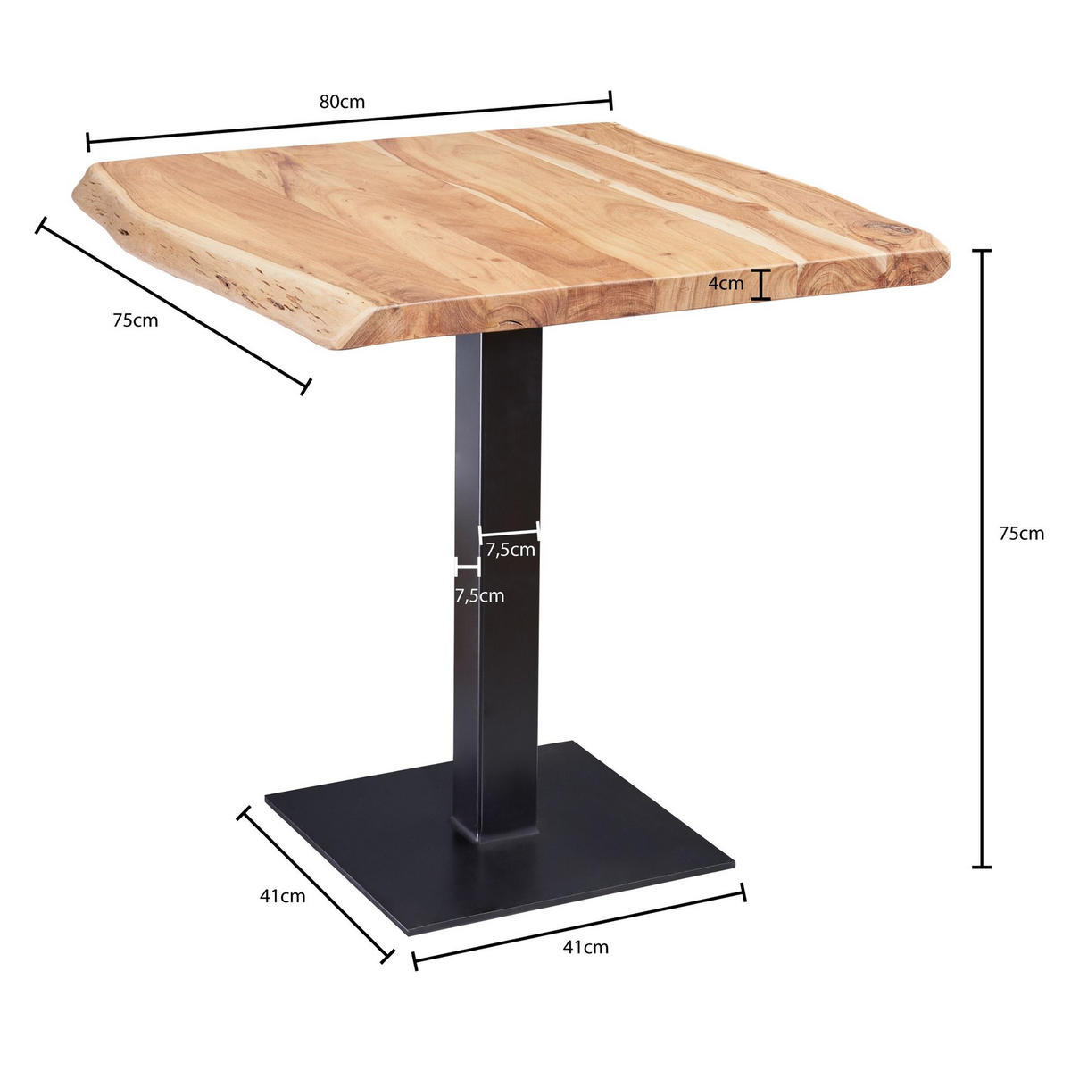 ESSTISCH – Massivholz quadratisch Baumkante Edelstahlfuß Unikat - Beige/Schwarz, Holz/Metall (75/80/75cm) - KADIMA DESIGN