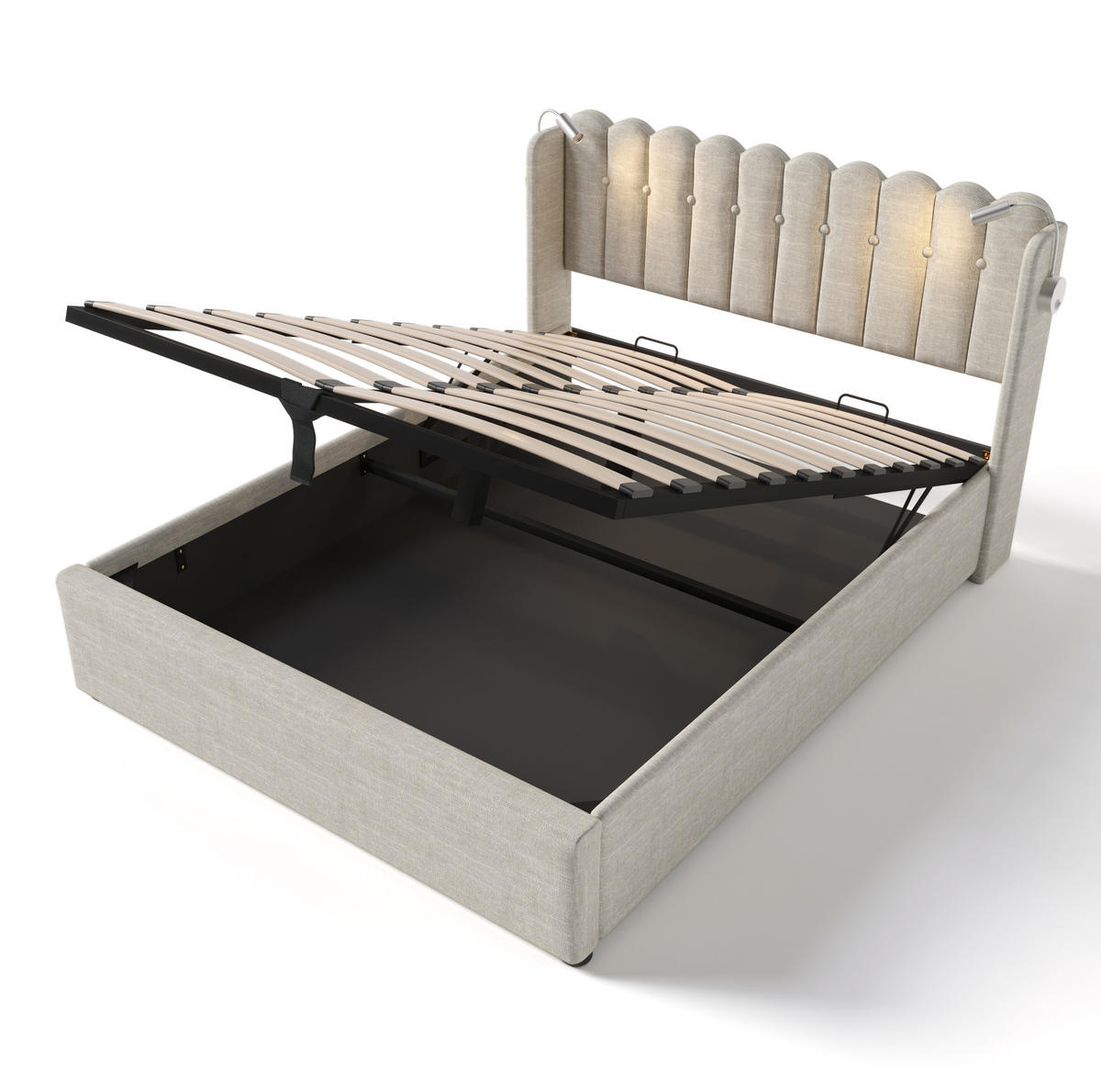 POLSTERBETT 160/200 cm Beige mit Bettkasten, Leselicht, USB und Matratze - Beige, Textil (160/200cm) - Flora Grace
