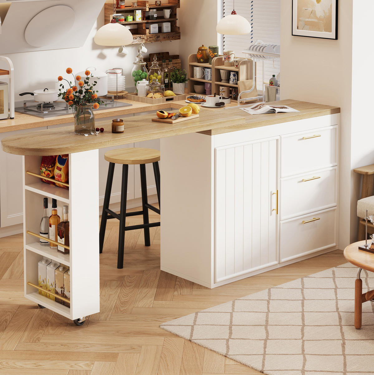 BARTISCH 128-203/39/90 cm mit 360°-Drehfunktion, 3 Schubladen und verstellbaren Regalböden, MDF/Metall, Weiß - Weiß, Holzwerkstoff (39/203/90cm) - Redom