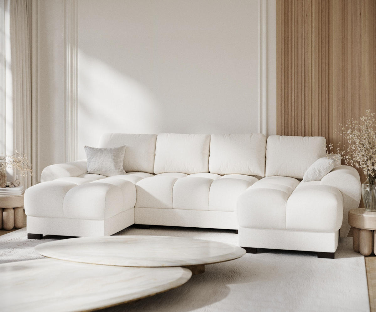 WOHNLANDSCHAFT Peebles Creme Webstoff - Creme/Schwarz, Holz/Holzwerkstoff (330/90/175cm) - Maison de Reve