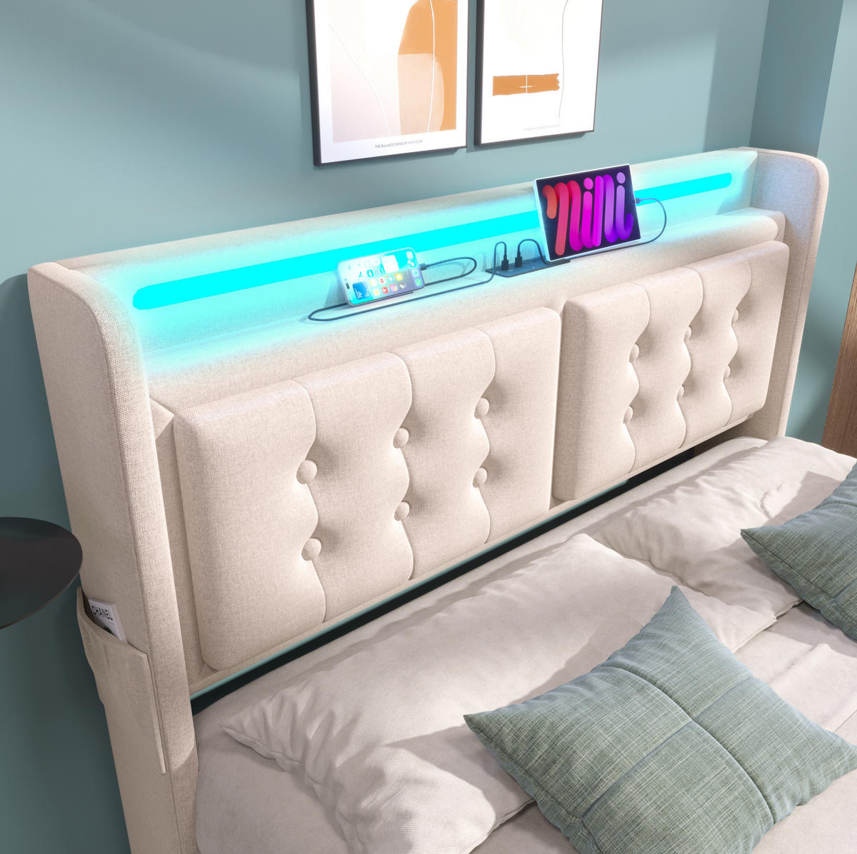 POLSTERBETT mit LED, USB und Stauraum 160x200 cm Beige - Beige, Metall (160/200cm) - Meubliv