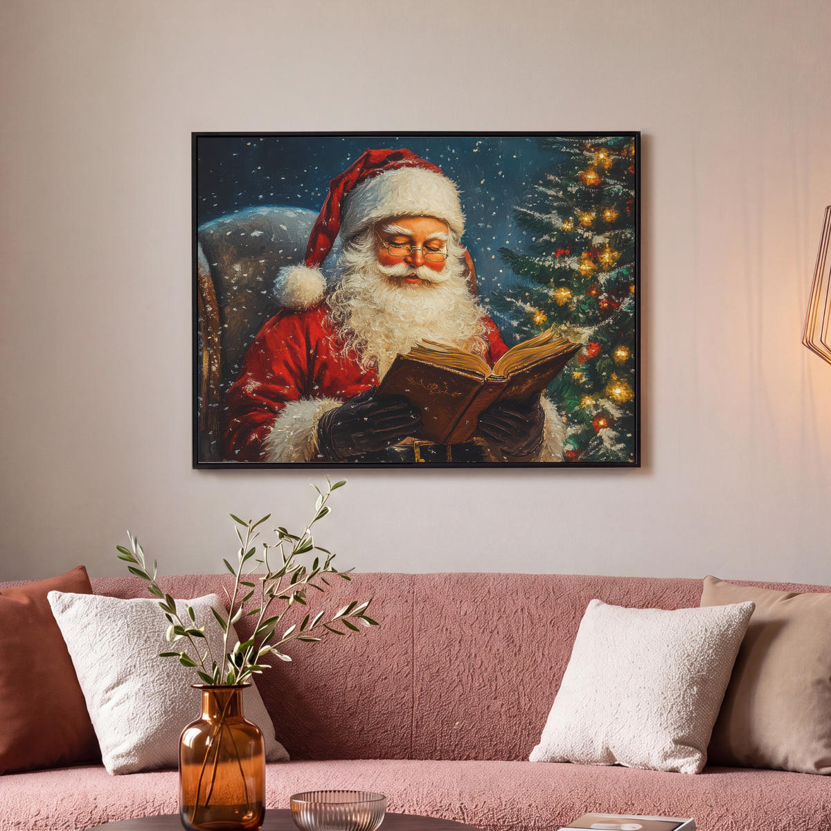 LEINWAND Bilder mit Rahmen - Weihnachtsmann - Weihnachten - Winter - Weihnachtsbaum - 70x50 - Bordeaux, Textil (70/50cm) - MuchoWow