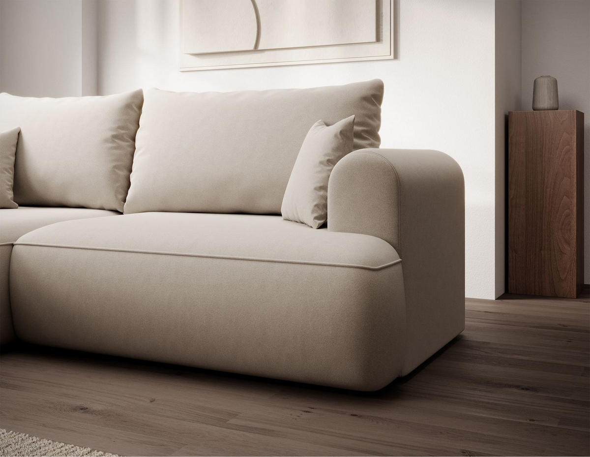 ECKSCHLAFSOFA Ovo Mini Creme Easy-Clean-Samtbezug - Creme/Schwarz, Kunststoff/Textil (238/156cm) - Selsey