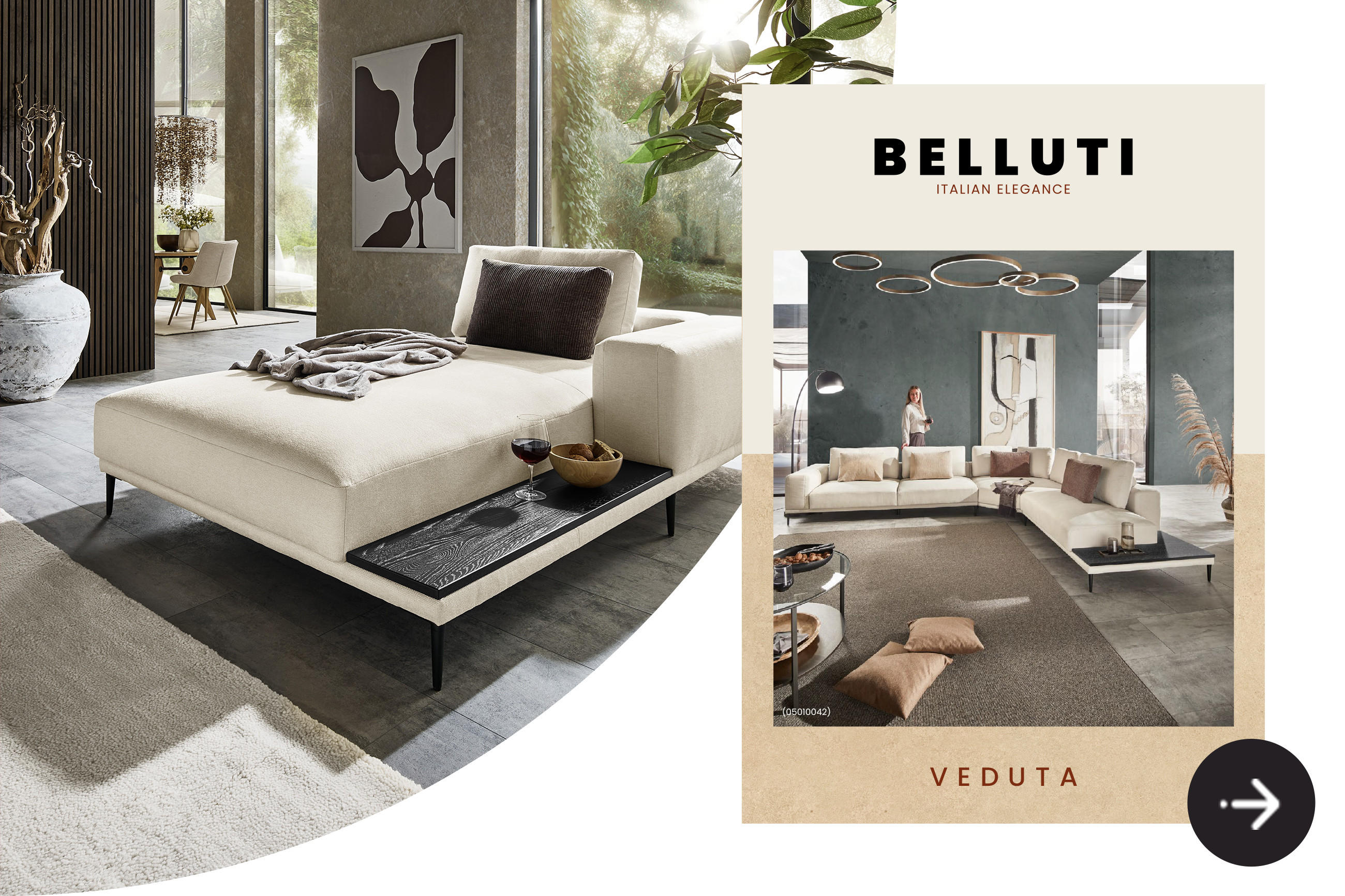 BELLUTI Wohnzimmer-Programm „VEDUTA“: elegante, helle Polster-Chaiselongue mit integrierter Ablage in einem lichtdurchfluteten Wohnraum; rechts Produktvisual mit BELLUTI-Logo und L-förmiger VEDUTA Sofakombination.
