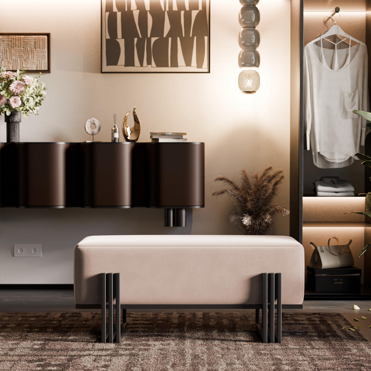 POLSTERBANK TEO 80 cm Schwarz / Beige ,Metallgestell - Beige, Metall (80/47/35cm) - Idohome