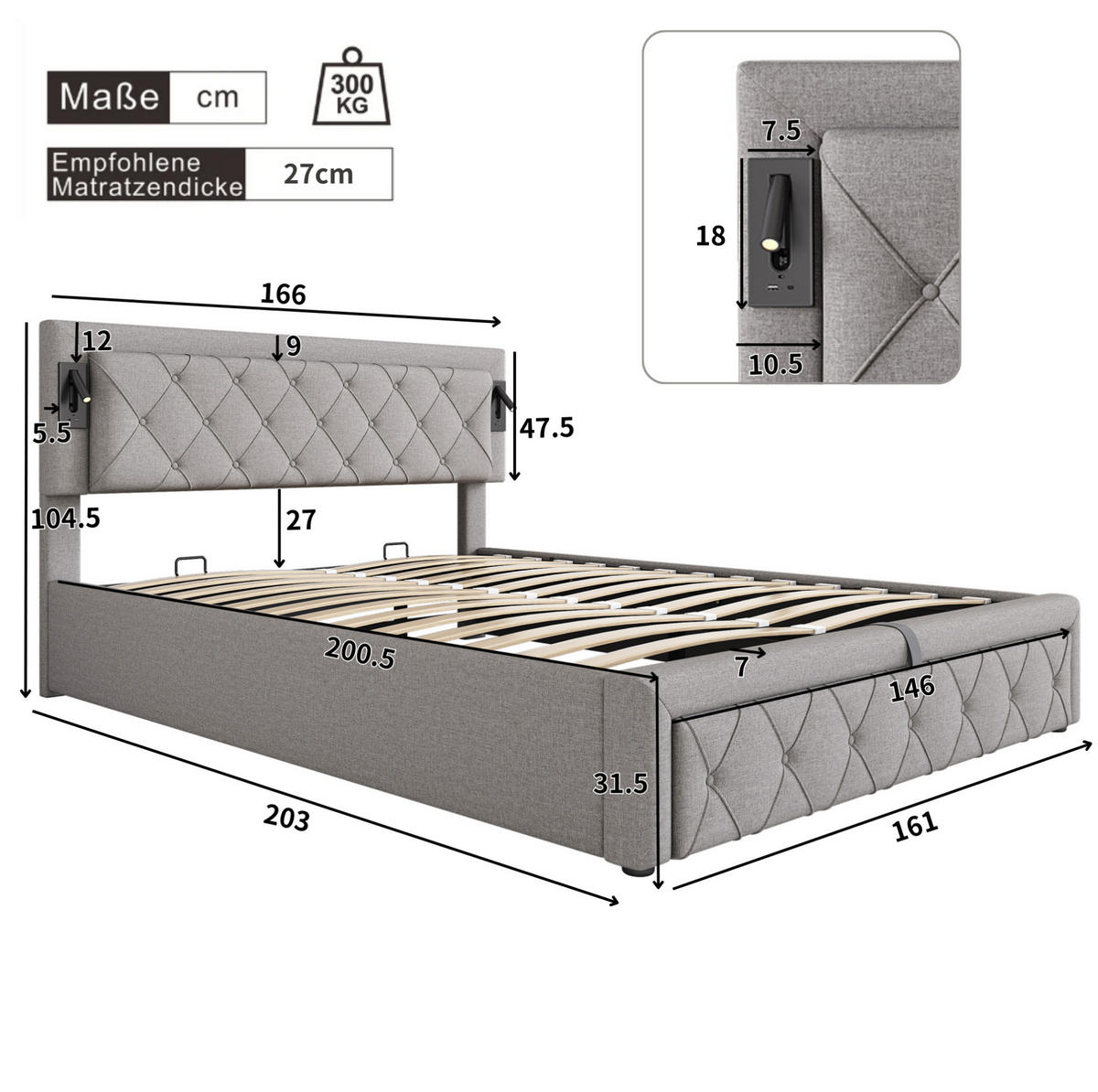 POLSTERBETT aus Leinen 160x200 cm Grau mit USB-Anschluss, Downlight und hydraulischem Bettkasten - Grau, Textil (160/200cm) - Modfu