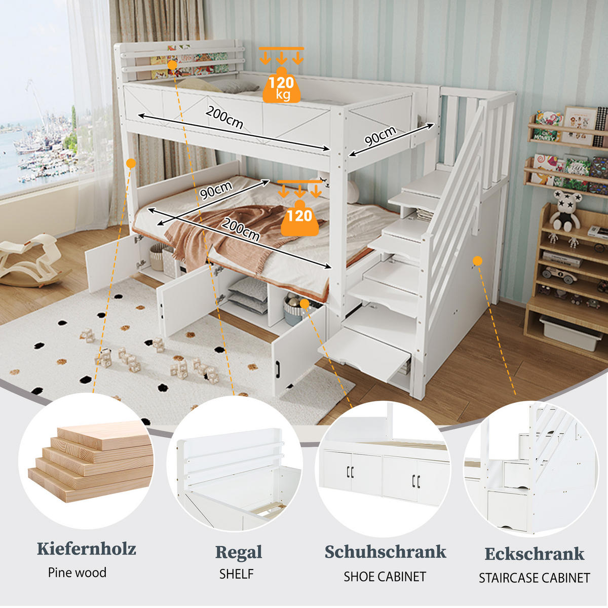 ETAGENBETT 90/200 cm in Weiß mit Stauraumtreppe, Schrankfächern, Ablage und Paneel-Design aus Massivholz und MDF - Weiß, Holzwerkstoff (90/200cm) - STILVORA