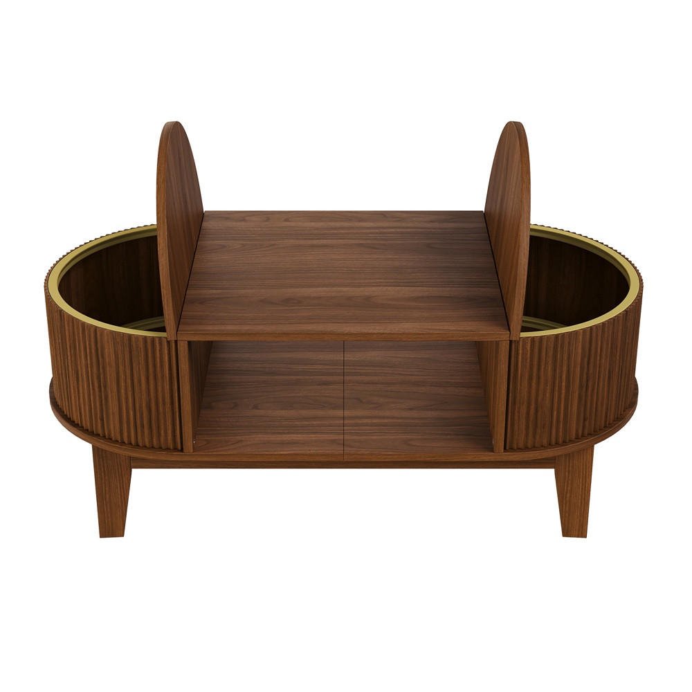 COUCHTISCH oval in Rillenoptik - Wohnzimmertisch mit verstecktem Staufach und offenen Regalen - Walnuss-Optik - Nussbaumfarben, Holzwerkstoff (100/50/40.5cm) - DELFA
