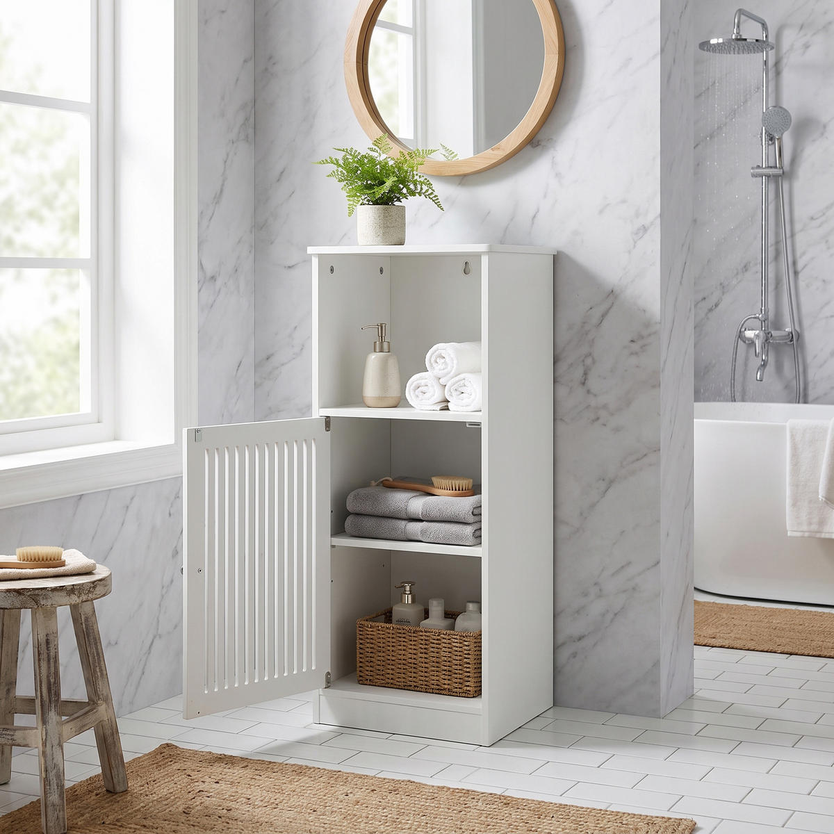 BADEZIMMERSCHRANK Weiß Freistehend mit Lamellentür & Verstellbaren Einlegeböden - Weiß, Holzwerkstoff (36/86/30cm) - Urban Meuble