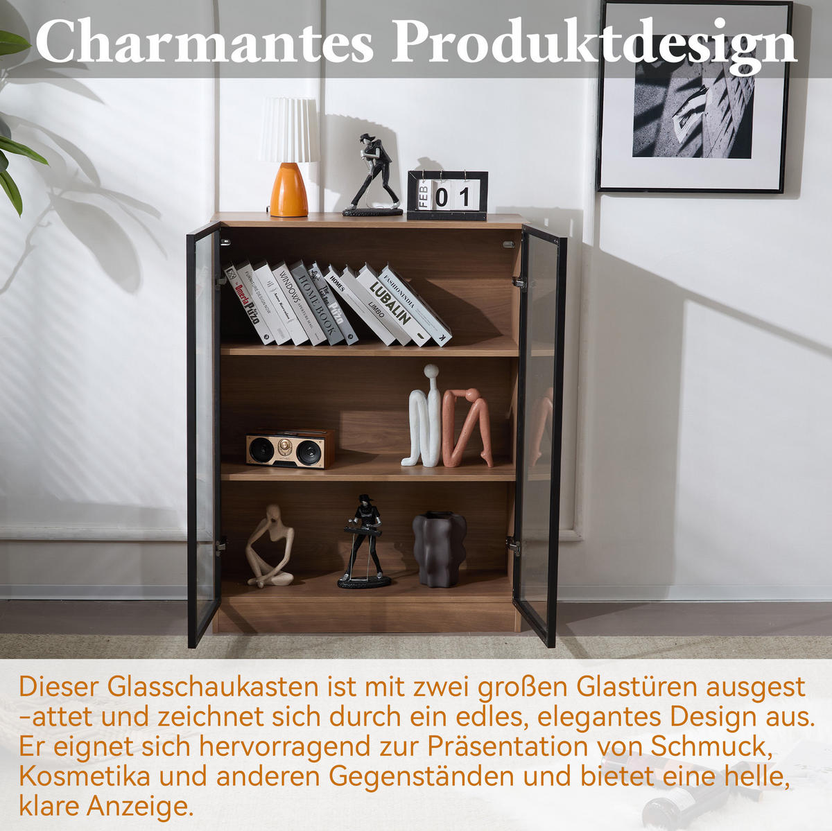 GLASVITRINE in Naturwalnuss 80x32x106 cm mit LED-Beleuchtung und 3 Ebenen - Naturfarben, Holzwerkstoff (32/106/80cm) - IVMEU