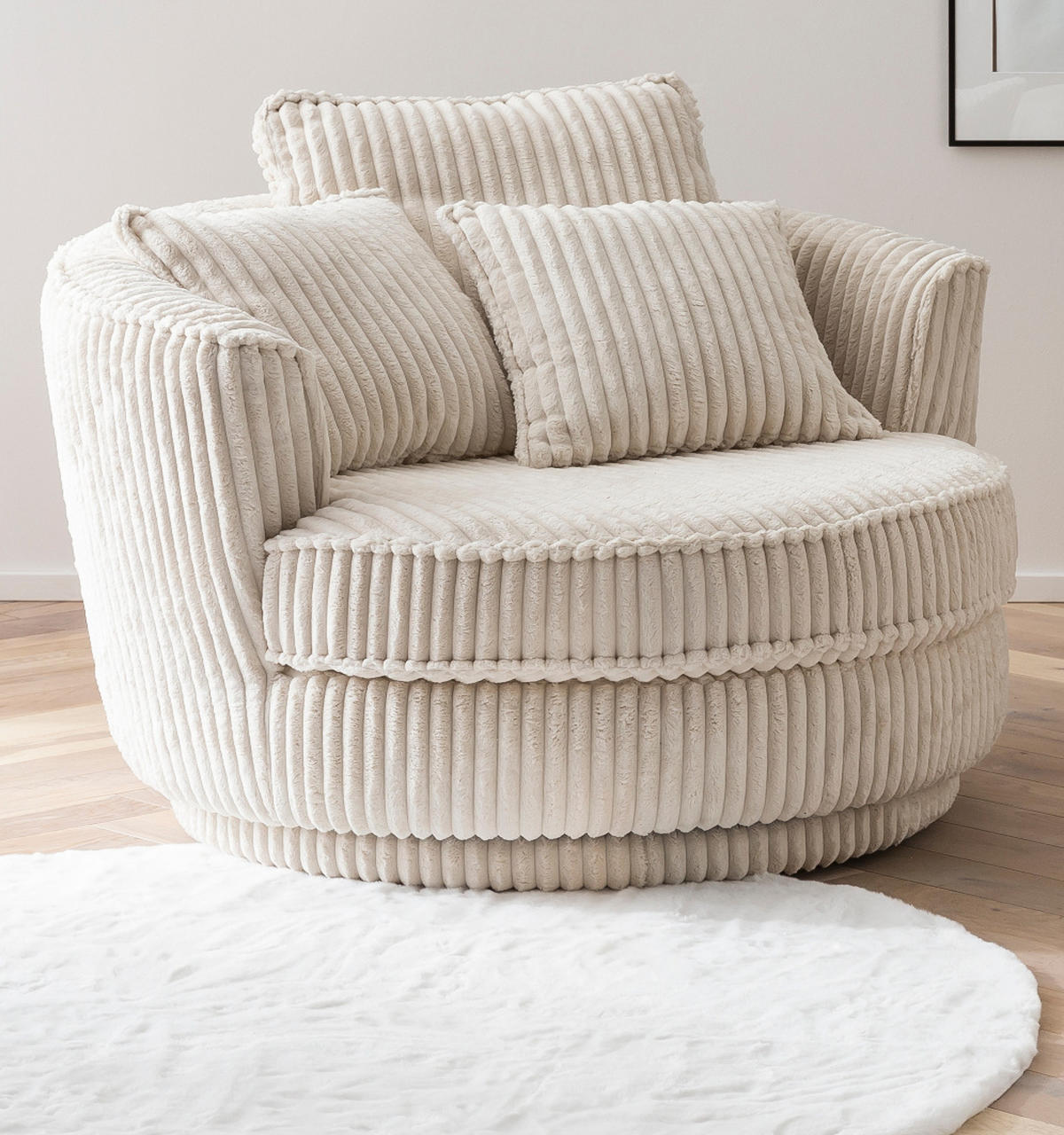 BIG-SESSEL Relaxsessel Mega Cord creme wollweiß Ø 120 cm 360° drehbar, inklusive 3x Kissen - Creme/Weiß, Holzwerkstoff/Textil (120/86/120cm) - Furn.Design