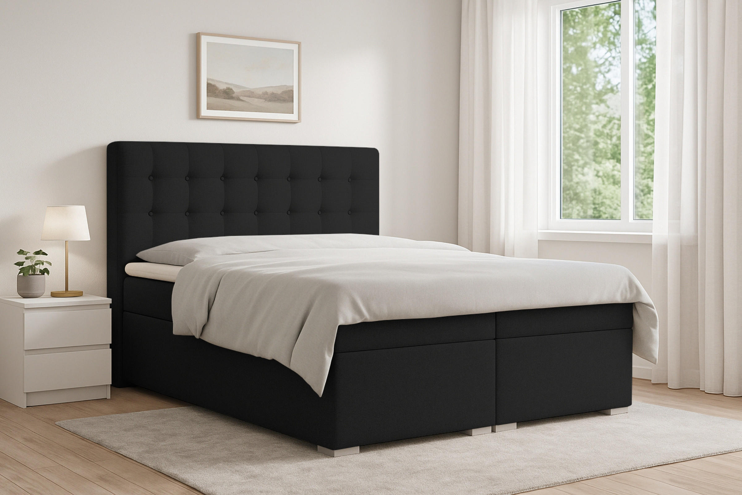 BOXBETT CLAUDIA 140/200 Webstoff Schwarz mit Taschen-Federkernmatratzen 7 Zonen H4 - Chromfarben/Schwarz, Holzwerkstoff/Kunststoff (140/200cm) - Deine Möbel 24