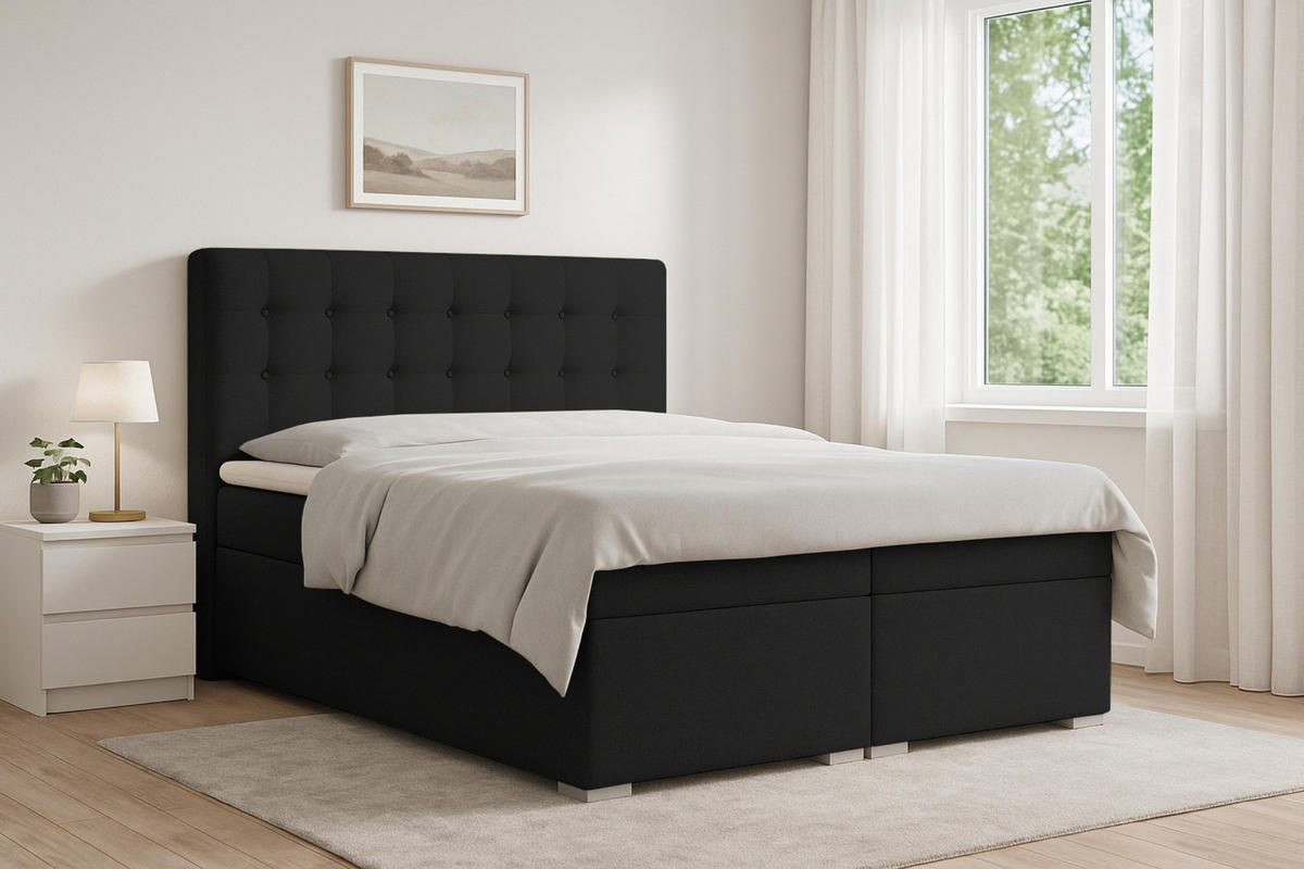 BOXBETT CLAUDIA 200/200 Webstoff Schwarz mit Taschen-Federkernmatratzen 7 Zonen H4 - Schwarz, Holzwerkstoff (200/200cm) - Deine Möbel 24