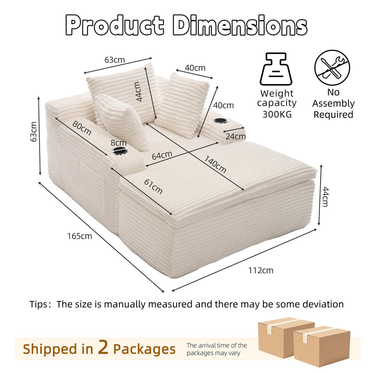 KLAPPSOFA mit 2-in-1-Funktionskissen, Cordstoff - Beige - Beige, Textil (113/63/164cm) - KOMHTOM