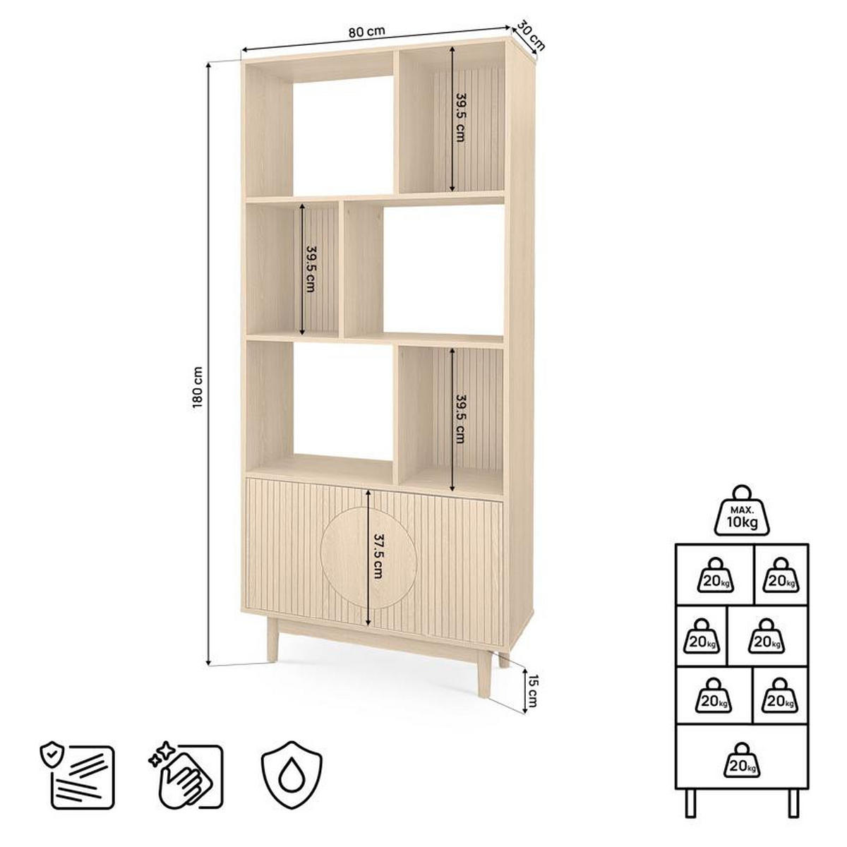 BÜCHERREGAL Skandinavisches, 180 cm hoch, mit 2 Türen und 6 Regalböden, Eichenoptik - LILA - Eichefarben/Salbeigrün, Holzwerkstoff/Metall (80/179/30cm) - Sicaan
