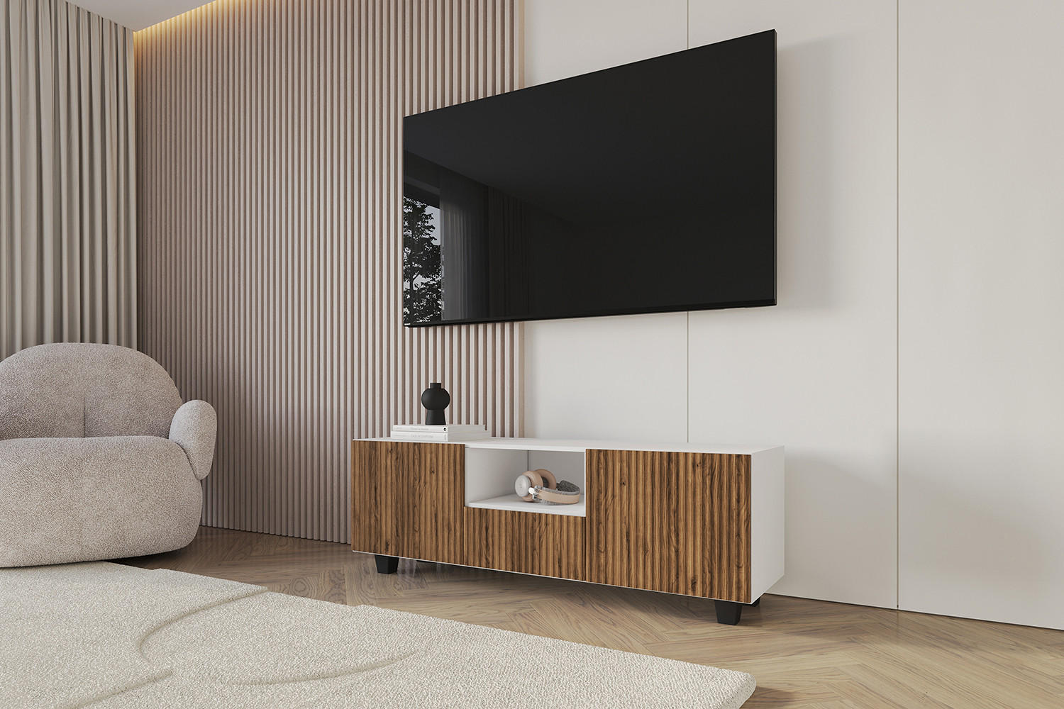 LOWBOARD NOA-2-S 140x50x41 cm - Weiß / Katania - Eiche Wotan/Schwarz, Holzwerkstoff (140/50/41cm) - ALTDECOR