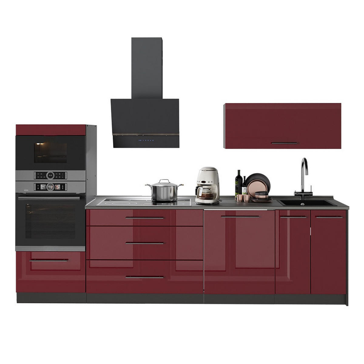 KÜCHENZEILE Fame-Line, Bordeaux Hochglanz/Anthrazit, 280 cm, AP Marmor - Bordeaux/Anthrazit, Holzwerkstoff (280/153.6/60cm) - Vicco