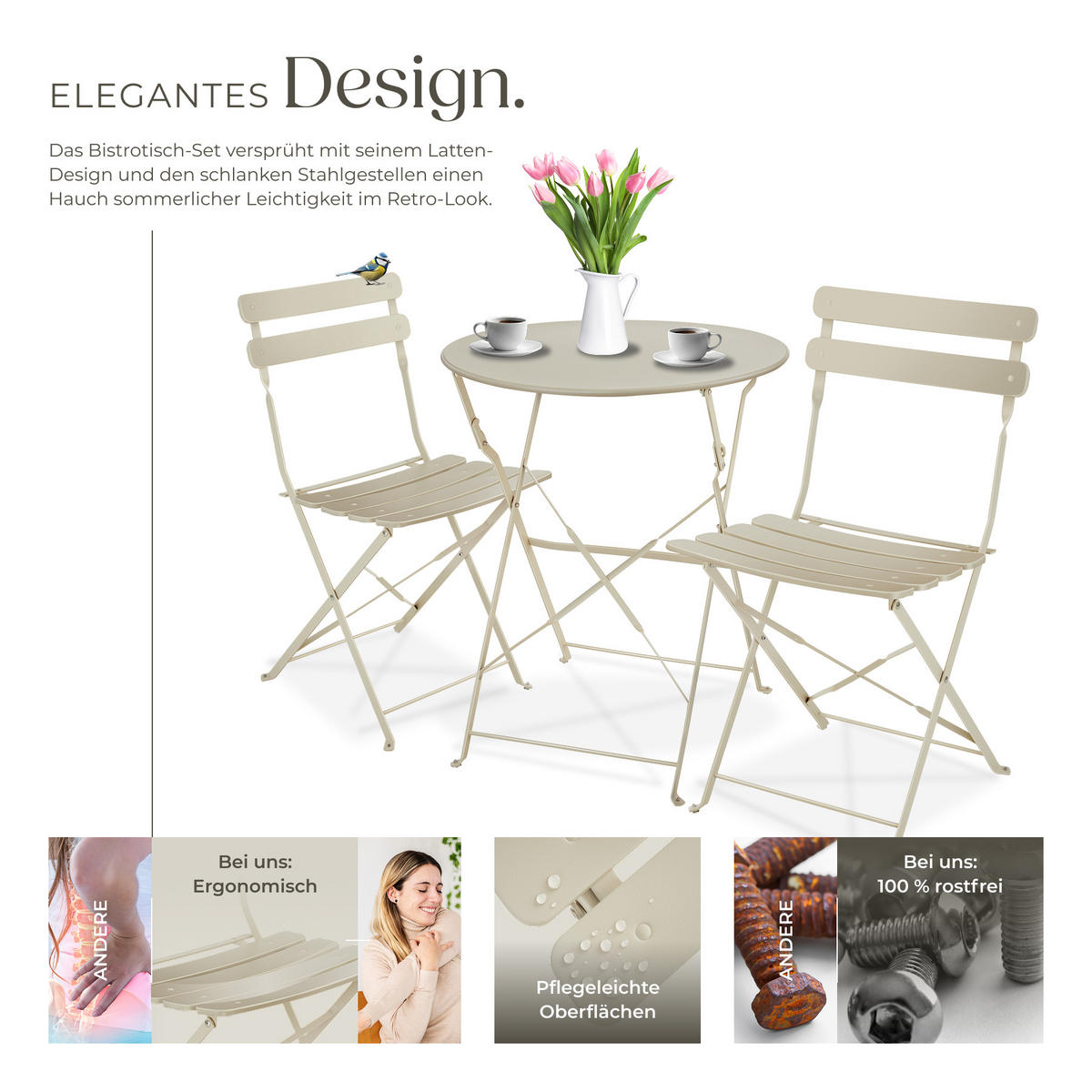 BISTROTISCH SET Frieda,Belastbarkeit Stuhl 120 kg,creme - Creme, Naturmaterialien/Textil - tectake
