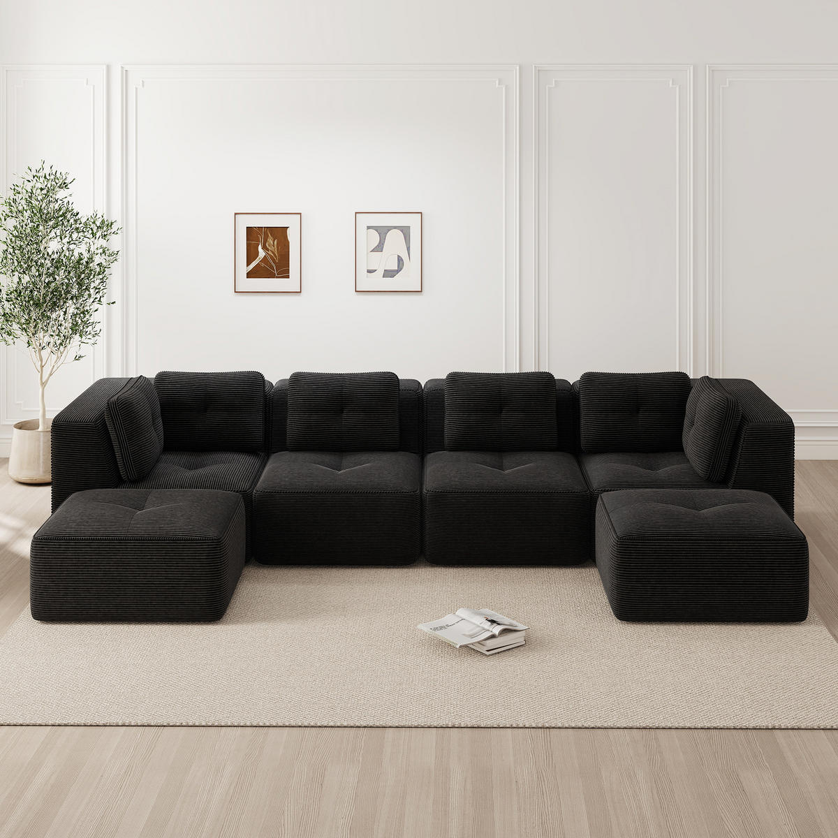 4-SITZER Sofa 386x177x69 cm aus Cordstoff rahmenlos modular mit 2 Ottomans, schwarz - Schwarz, Textil (177/69/386cm)