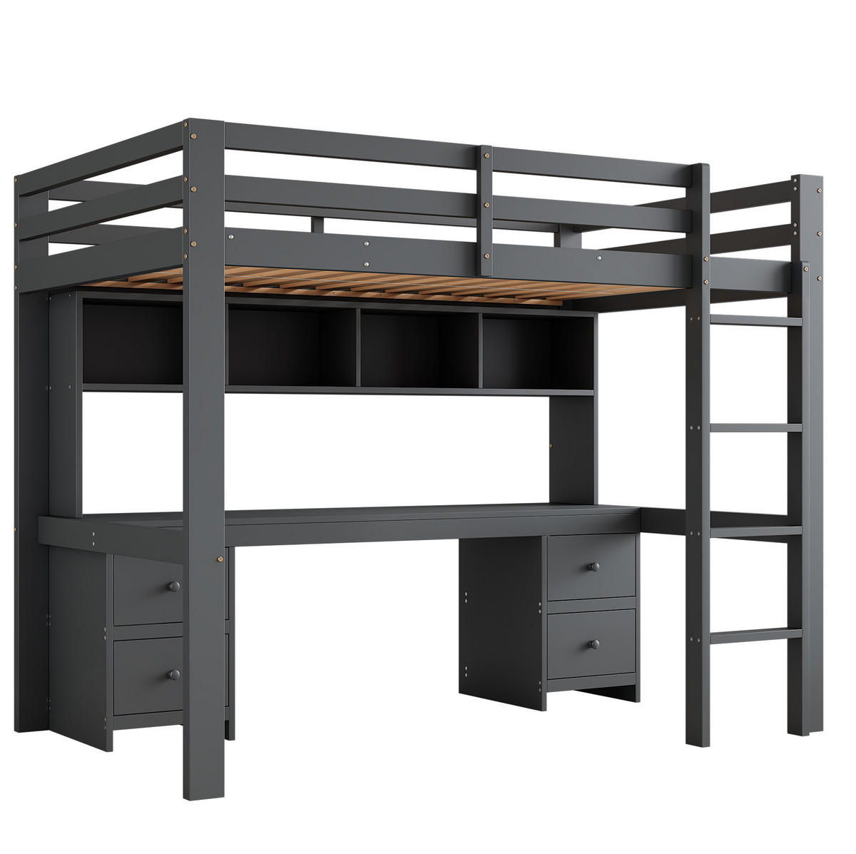 HOCHBETT mit Schreibtisch 90/200 cm in Grau – mit Stauraum und Rausfallschutz - Grau, Holz (90/200cm) - BEAOK