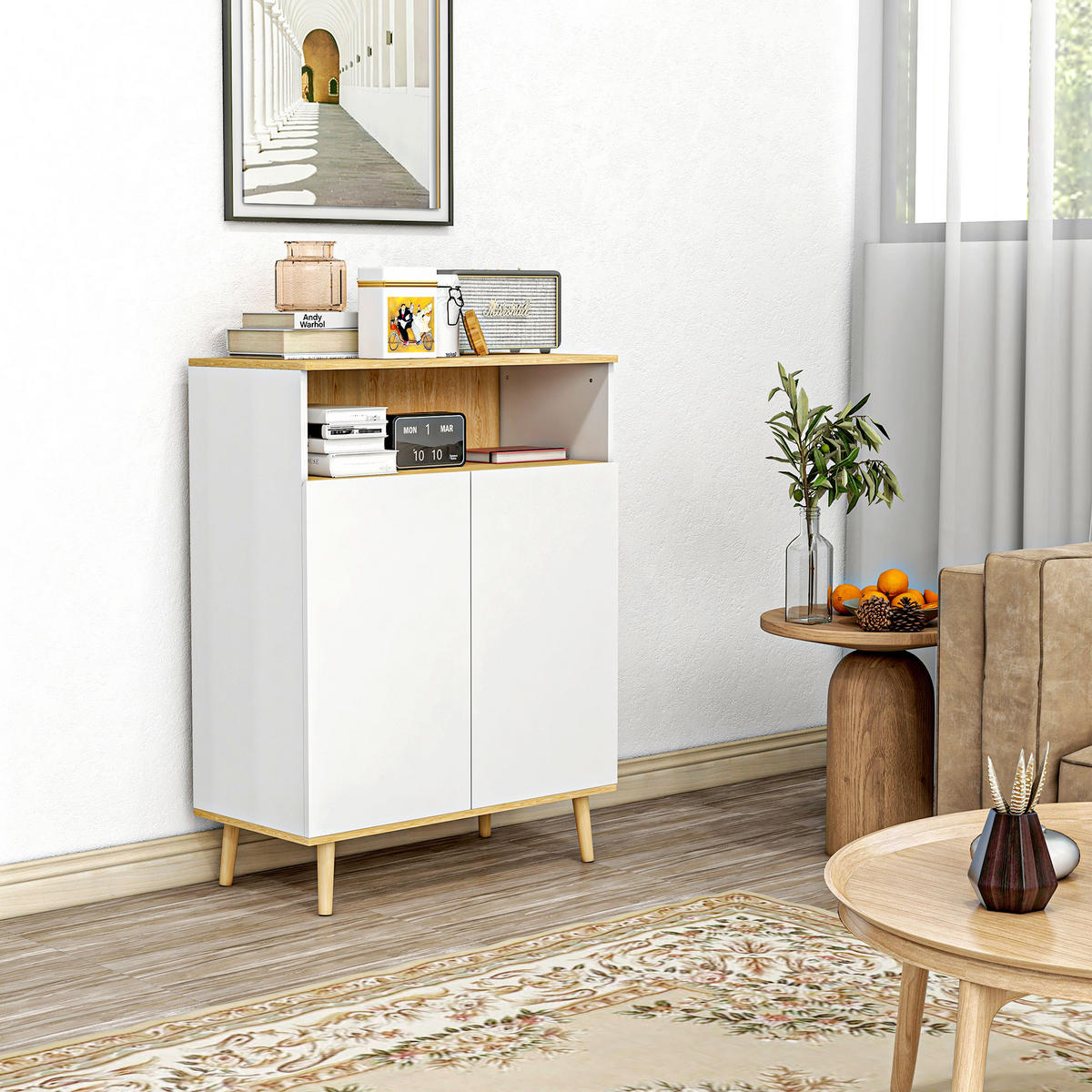 SIDEBOARD Weiß und Eiche-Nachbildung, 2 Türen, 80/38/102 cm - Weiß, Holz (80/102/38cm) - PANGIVO