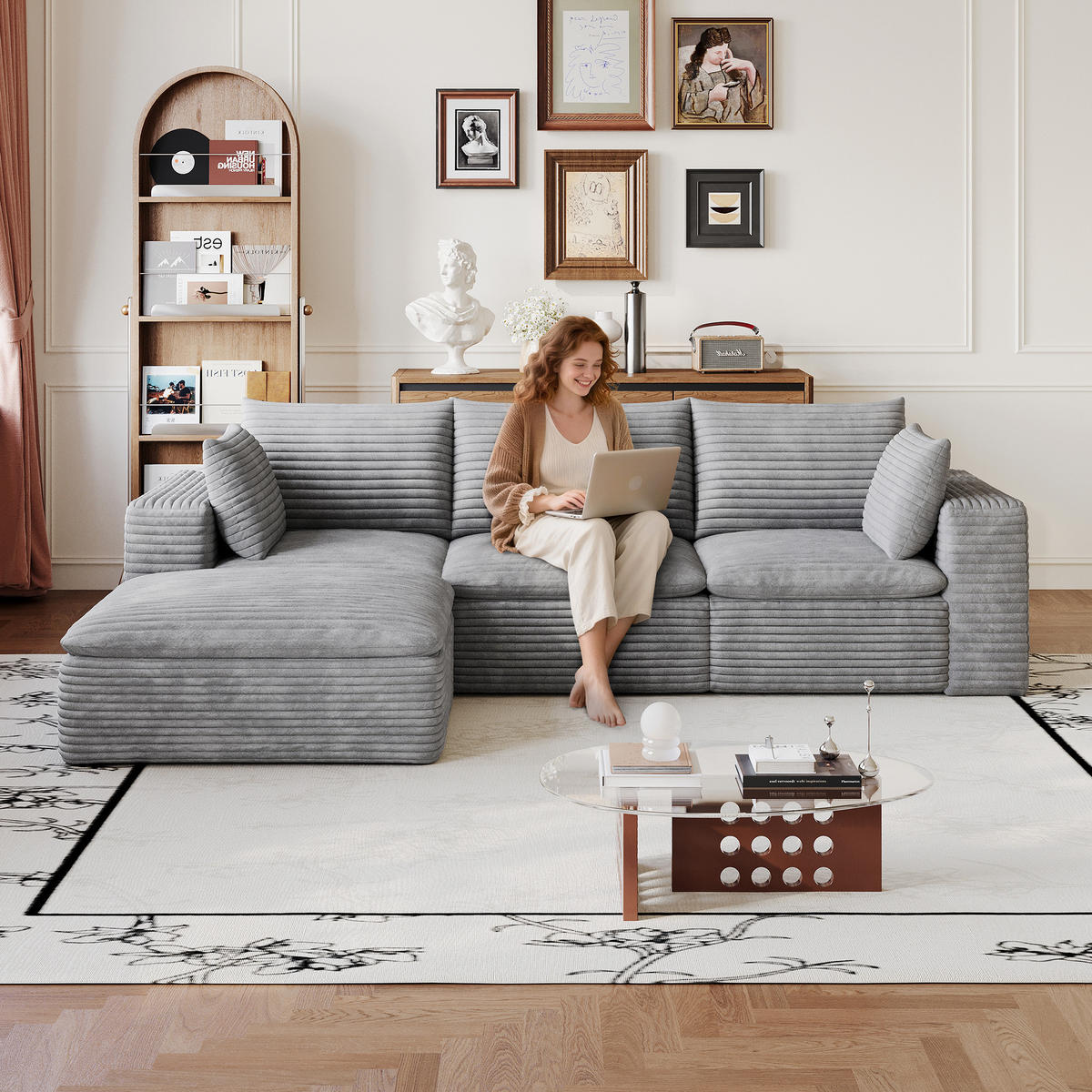 ECKSOFA DE-34773 3-Sitzer mit ottomane Grau - Grau, Textil (160/260cm) - ComfortXL