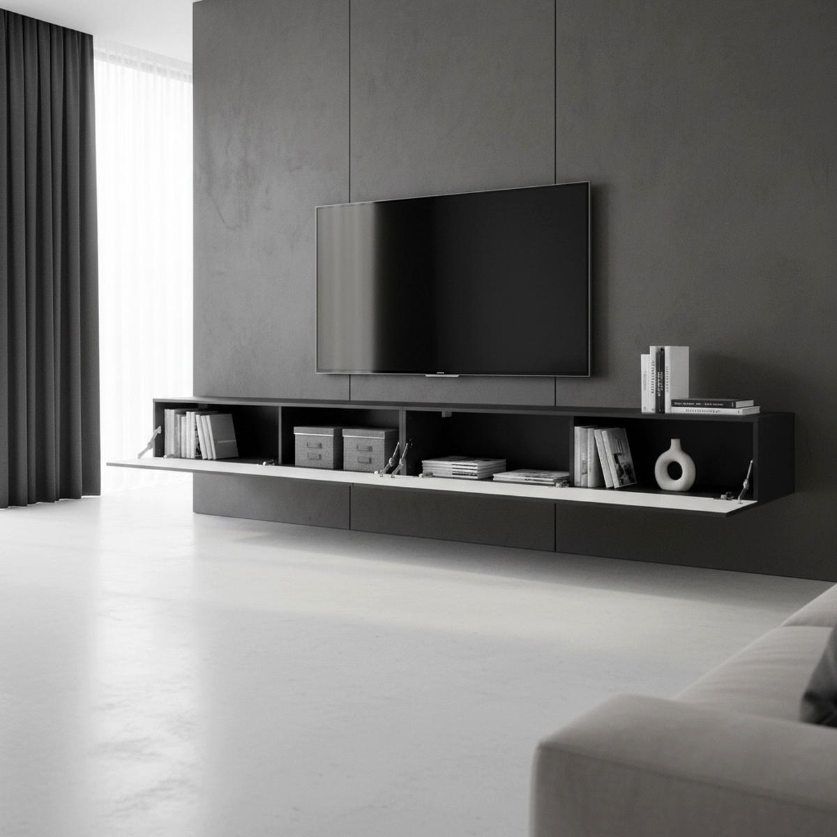 LOWBOARD Lia, hängendes Tv-Board, Moderner Fernsehschrank 330 cm lang Fernsehtisch 2er Set, Schwarz matt/Schwarz Hochglanz (38,5 x 330 x 30 cm) - Schwarz Hochglanz, Holzwerkstoff (330/30/38.5cm) - InnoFurn