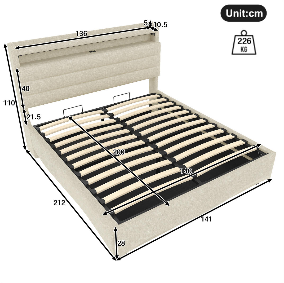 POLSTERBETT 140/200 cm mit LED-Beleuchtung und Bettkasten, Leinenbezug Grau - Grau, Textil (140/200cm) - BEAOK