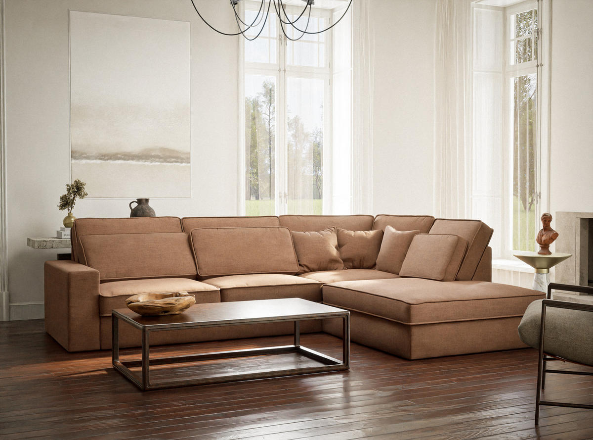 ECKSOFA Kirou Hellbraun Chenille-Stoff - Rechts Seite - Hellbraun/Schwarz, Holz/Holzwerkstoff (311/225cm) - Maison de Reve