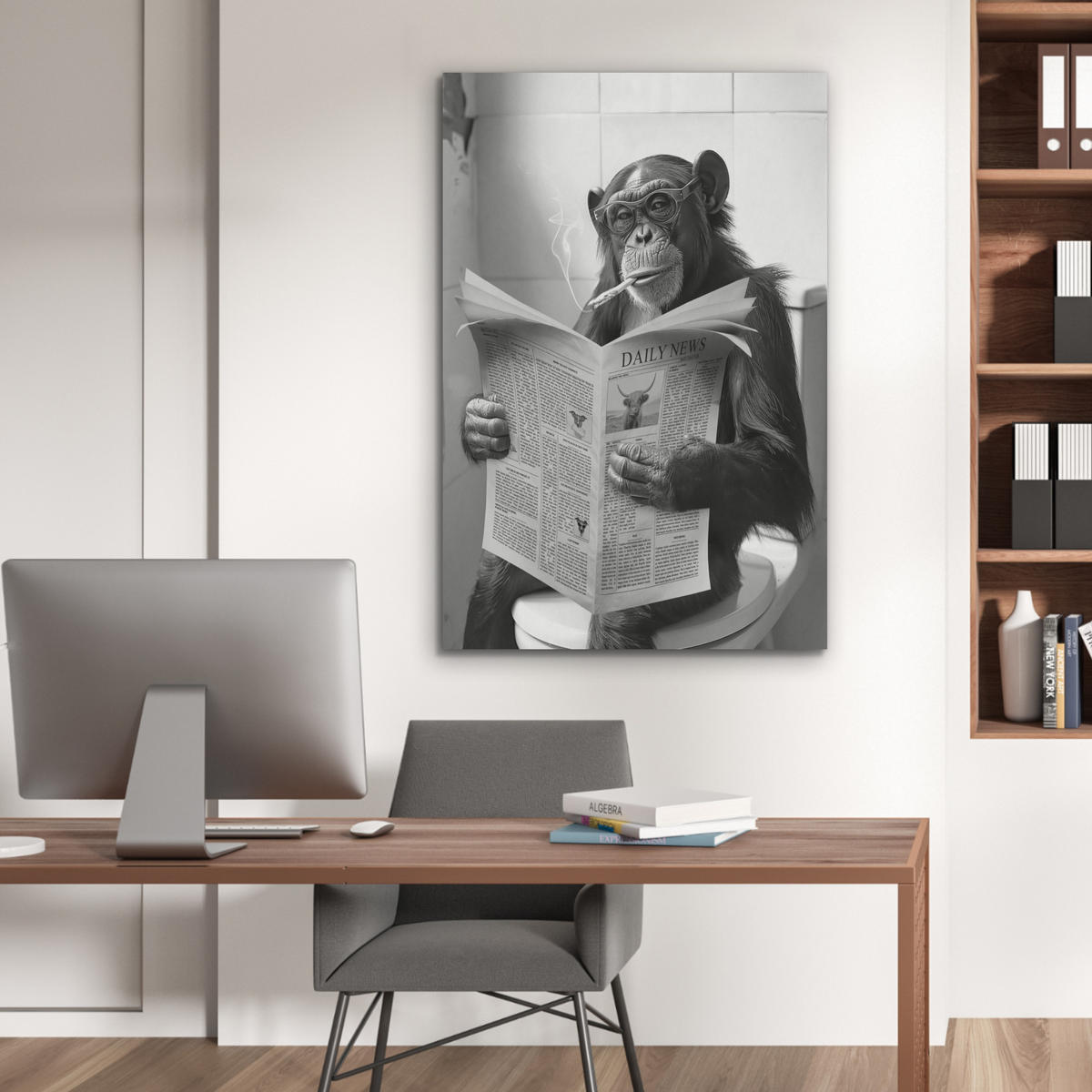 AKUSTIKPANEEL Affe - WC - Zeitung - Schwarz-Weiß - Humor 70x100 cm - Hellgrau, Textil (70/0.9/100cm) - MuchoWow
