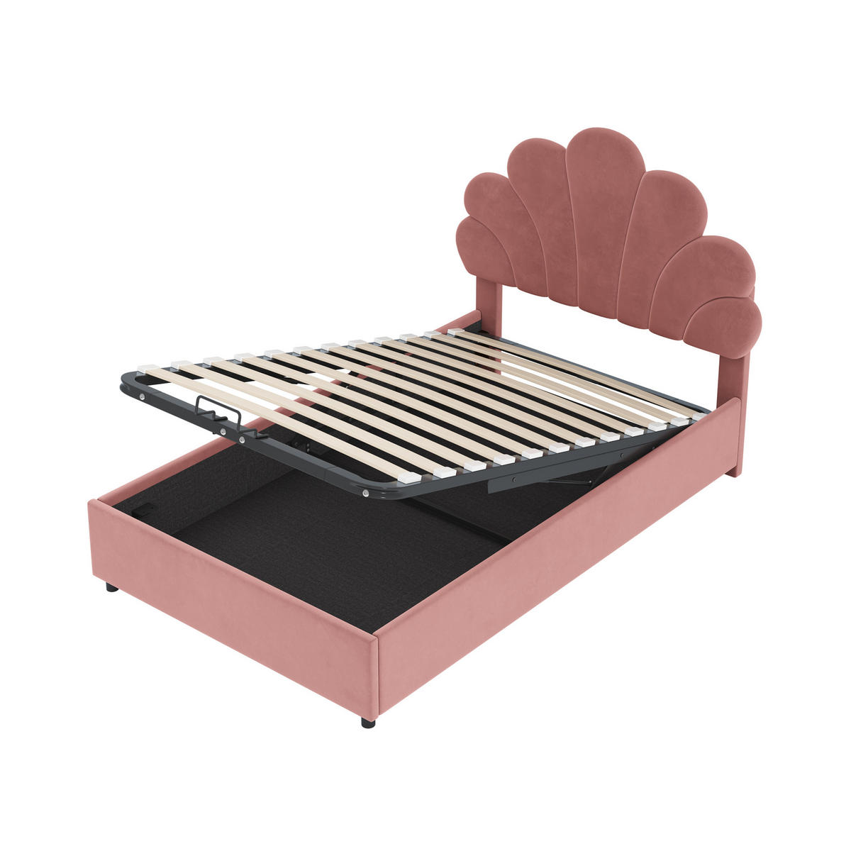 KINDEREINZELBETTEN aus Samt 90x200 cm in Rosa mit hydraulischem Stauraum - Rosa, Textil (90/200cm) - Modfu