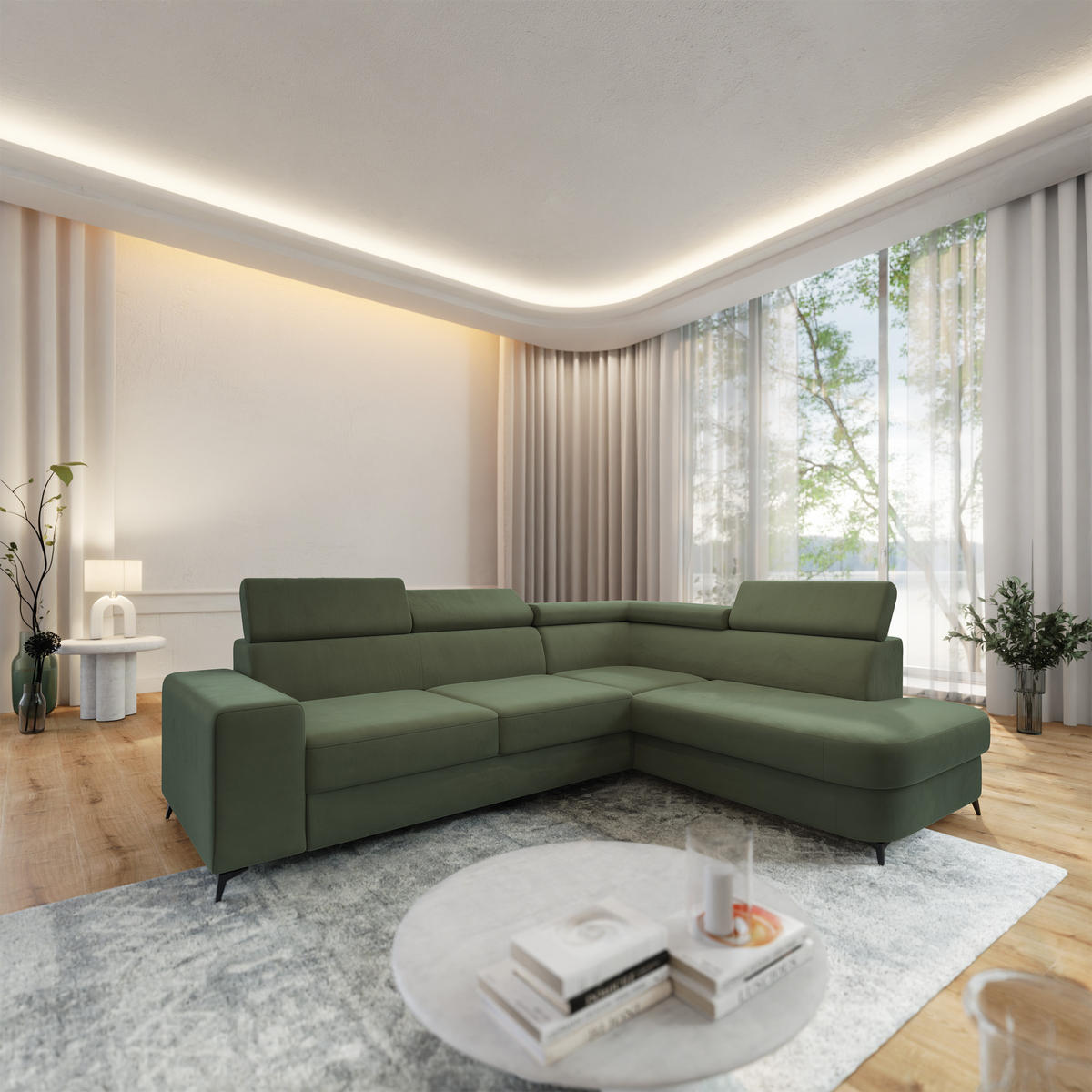 ECKSOFA ALVORO R-S Grün Velours-Stoff mit Schlaffunktion - Grün, Holz (253/190cm) - MASSENO