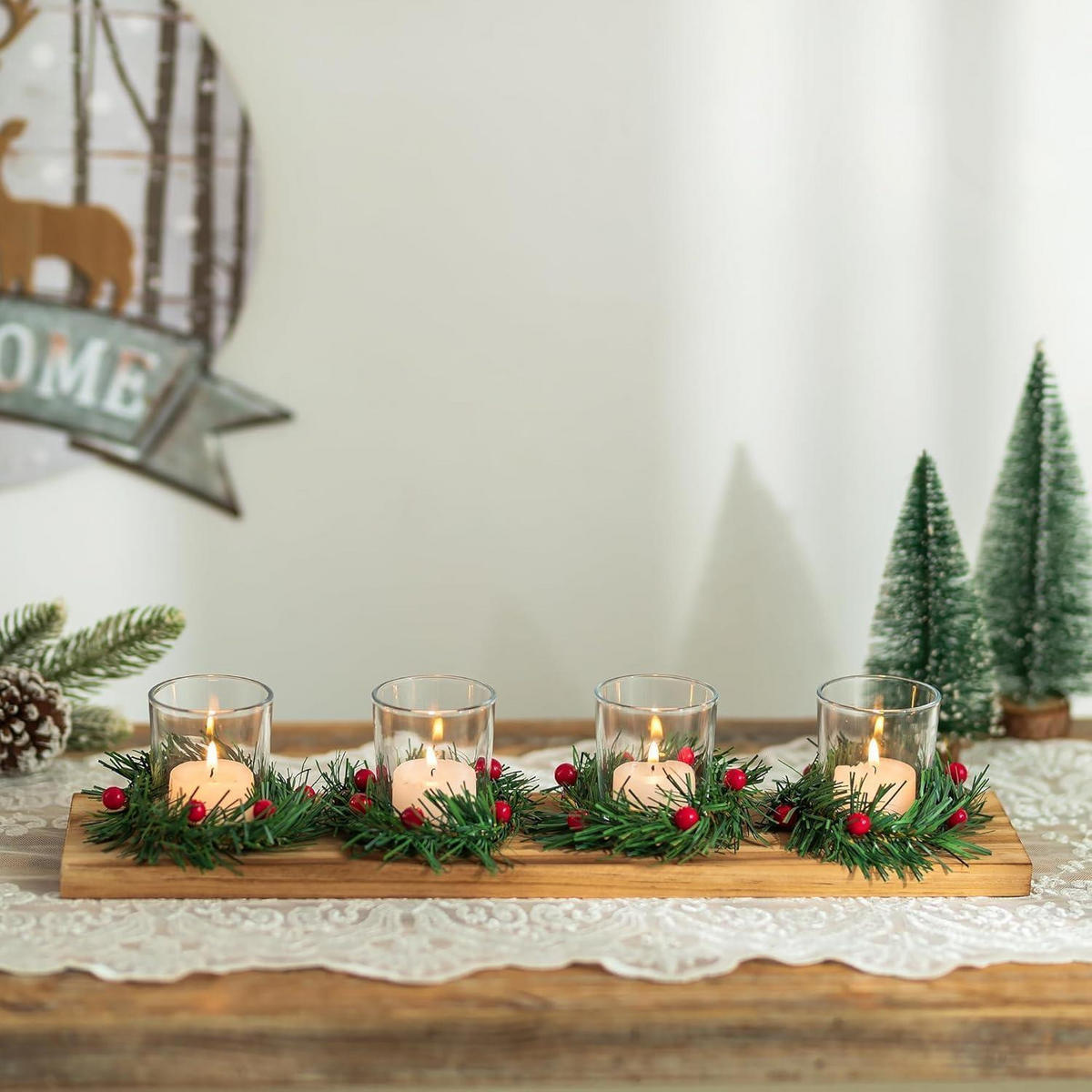 ADVENTSKRANZ Länglich Holz mit 4 Kerzenhaltern 42 cm - Braun, Holz (10.5/9/41.5cm)