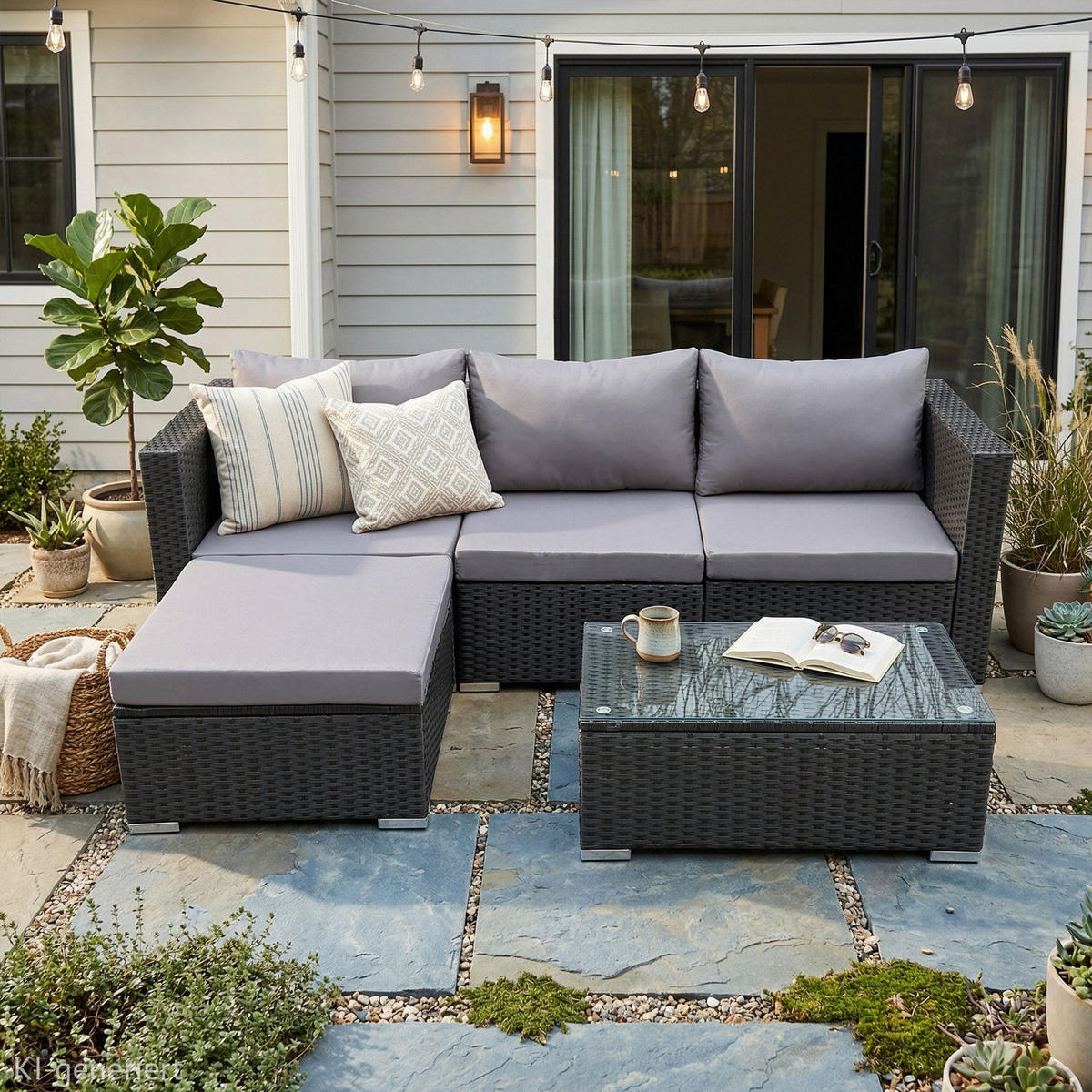 GARTENLOUNGE Queens Polyrattan Schwarz - Schwarz/Grau, Kunststoff - SVITA