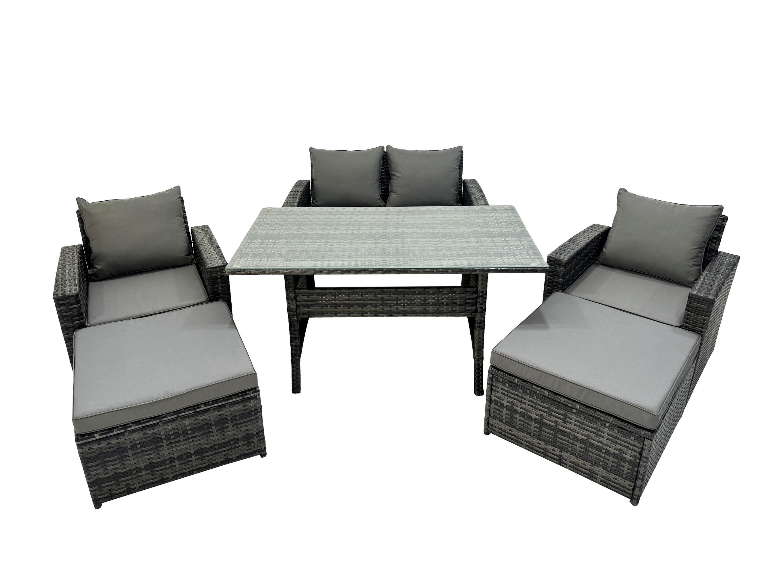 BALKONMÖBEL-SETS mit 2-Sitzer Sofa,2 Fußhocker,Esstisch Polyrattan Dunkelgrau 6-Sitzer - Dunkelgrau/Grau, Glas/Kunststoff - Fimous