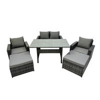 BALKONMÖBEL-SETS mit 2-Sitzer Sofa,2 Fußhocker,Esstisch Polyrattan Dunkelgrau 6-Sitzer - Dunkelgrau/Grau, Glas/Kunststoff - Fimous
